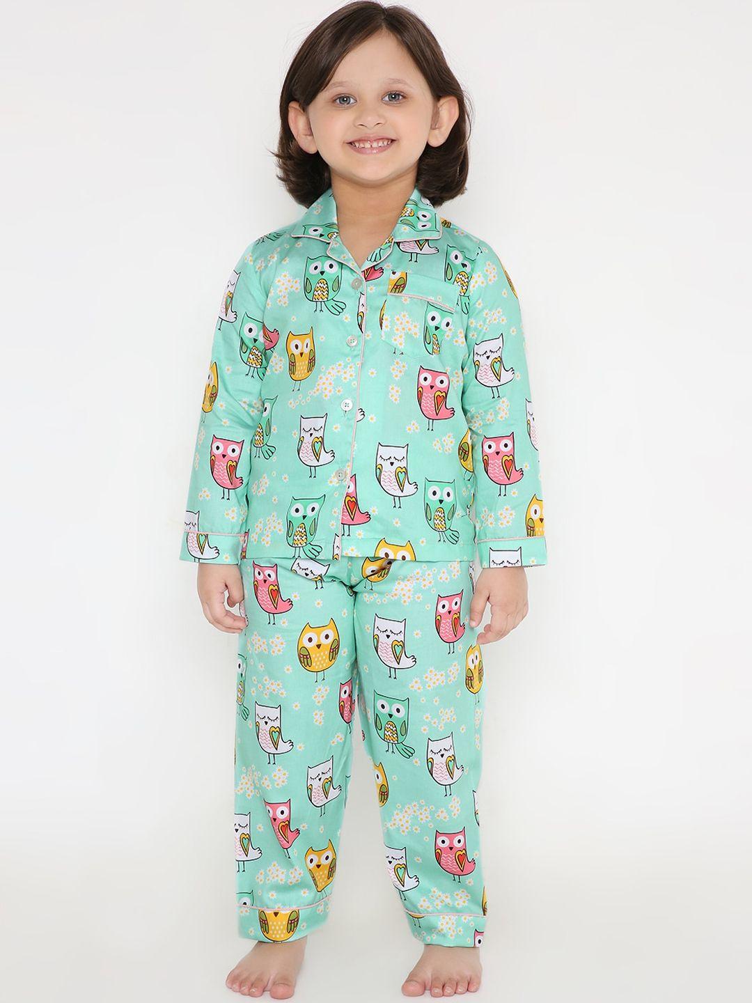 kidipoo kids green & red printed cotton night suit