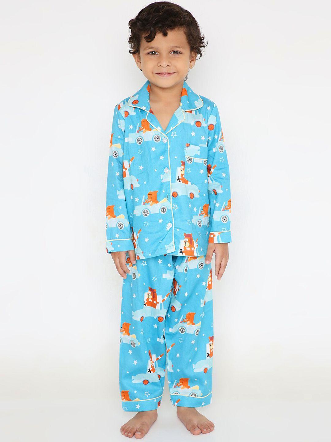 kidipoo unisex kids blue & brown printed pure cotton night suit