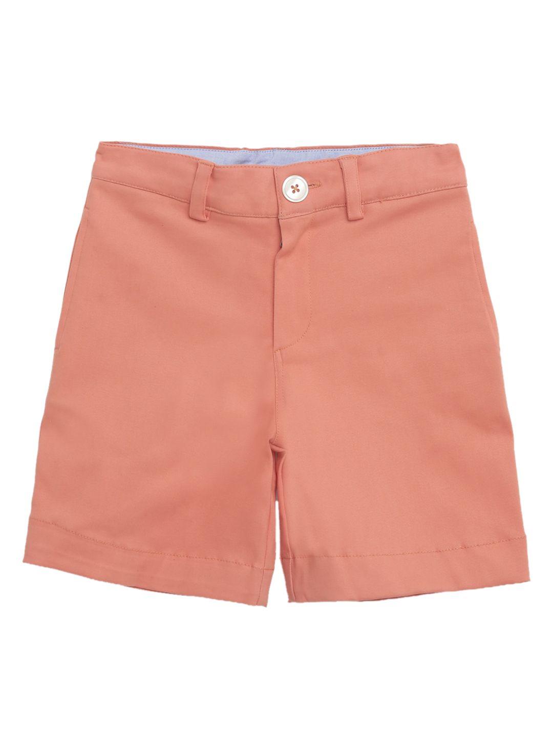 kidklo boys peach-coloured solid slim fit regular shorts