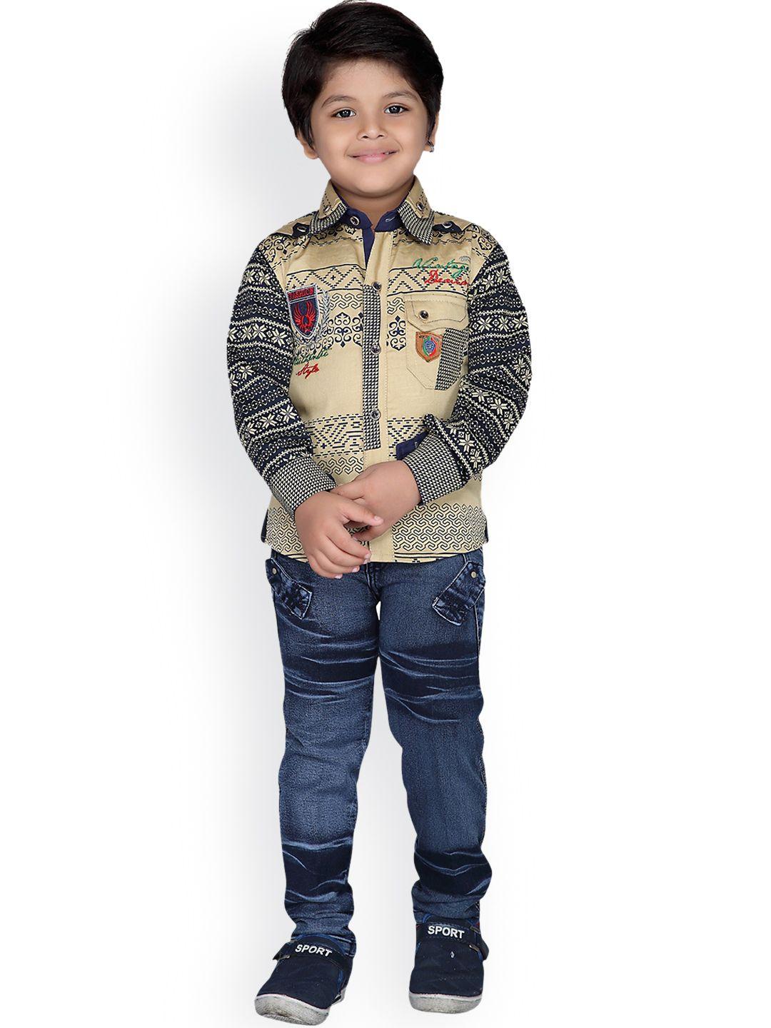 kidling boys brown & blue printed shirt with trousers
