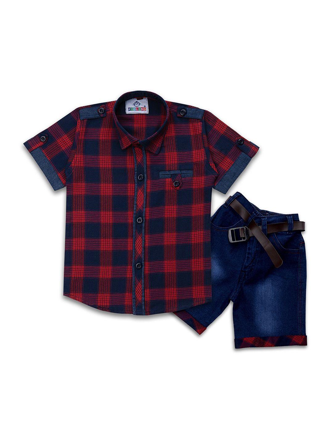 kidling boys red & blue checked shirt with denim shorts