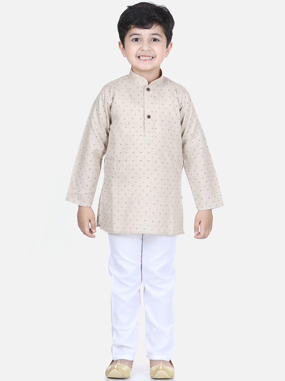 kidling boys beige & white printed kurta with pyjamas