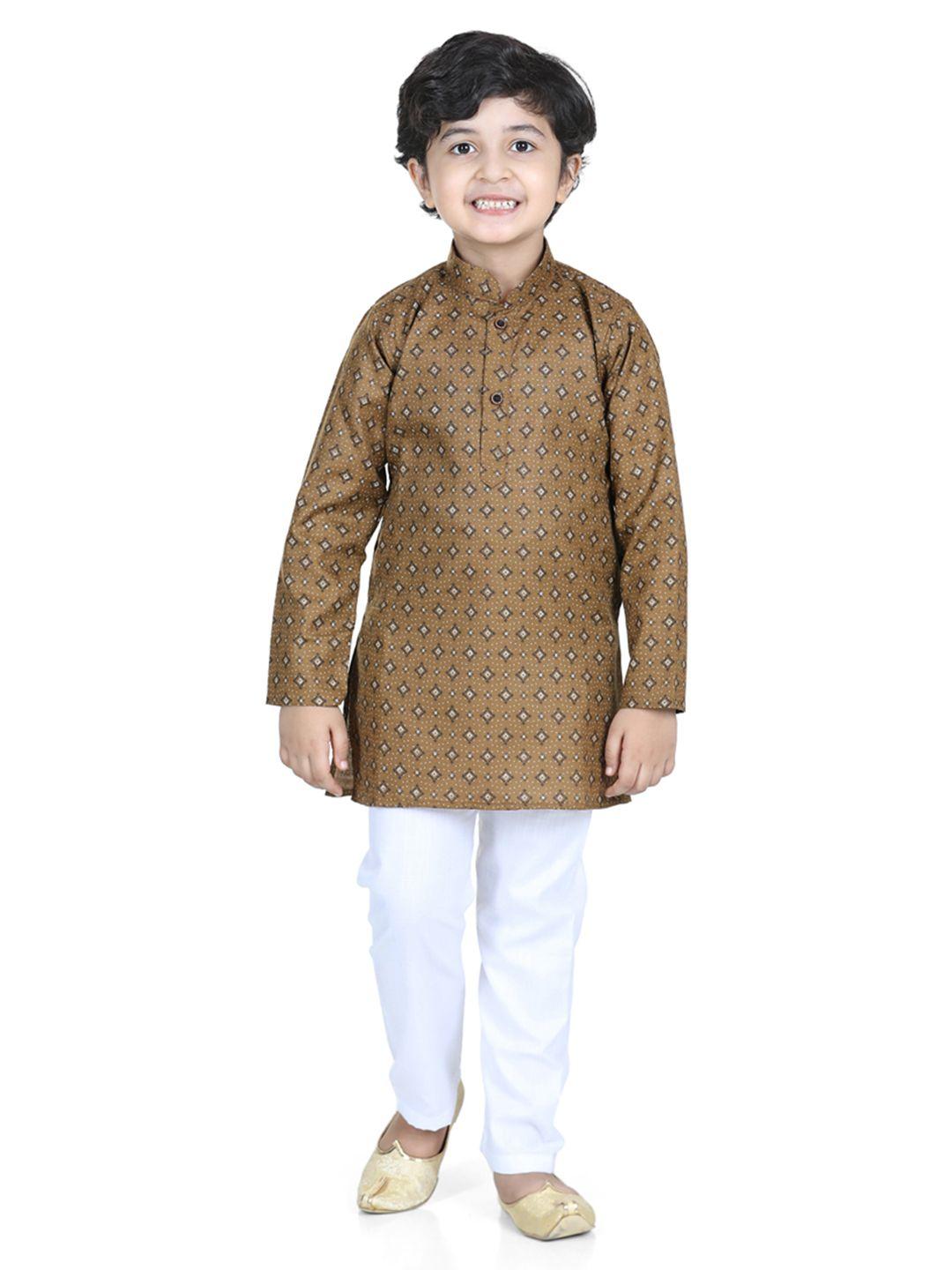 kidling boys brown printed pure cotton kurta pyjamas set