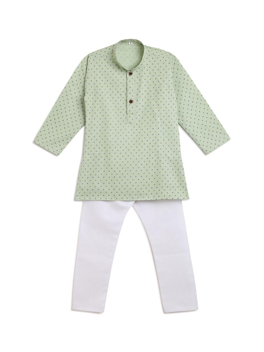 kidling boys green printed pure cotton kurta with pyjama