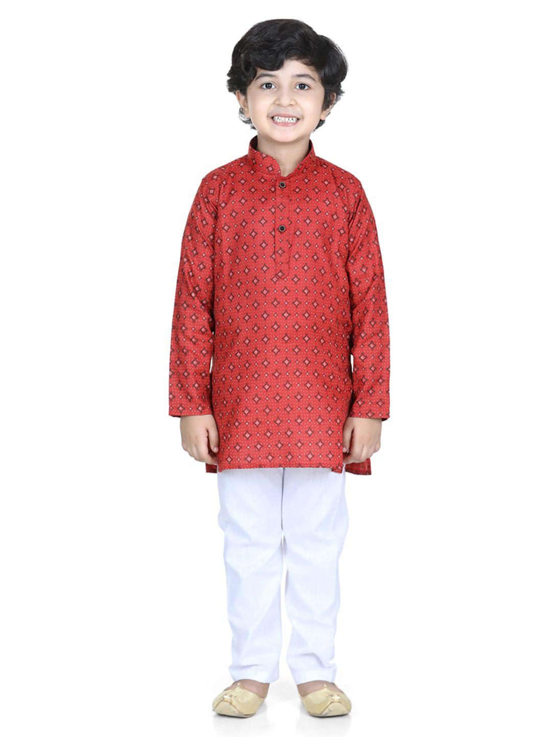 kidling boys maroon printed pure cotton kurta with pyjamas