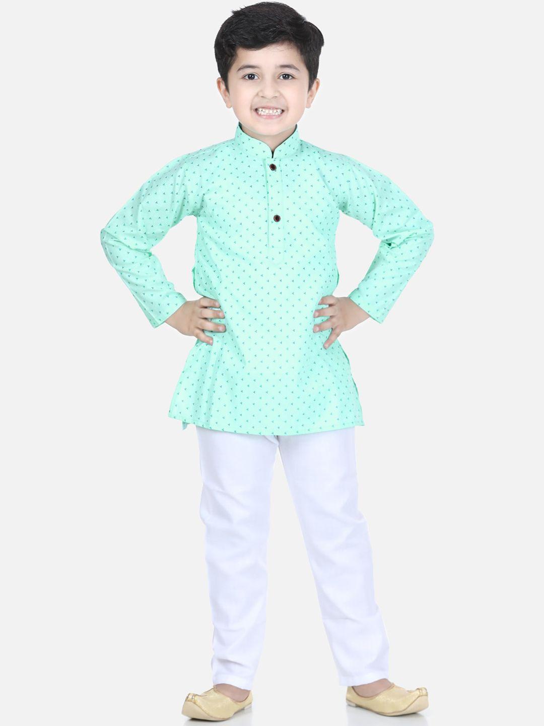 kidling boys sea green & white printed kurta with pyjamas