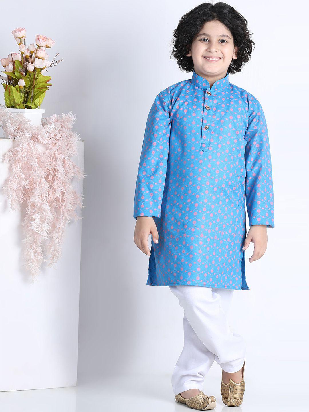 kidling boys turquoise blue floral printed kurta with pyjamas