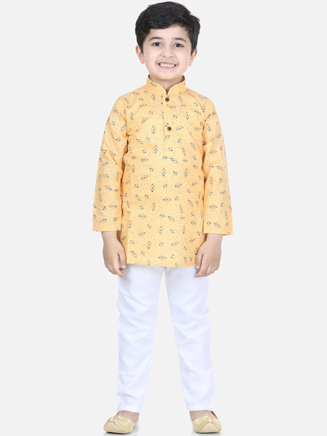 kidling boys yellow & white printed kurta with pyjamas