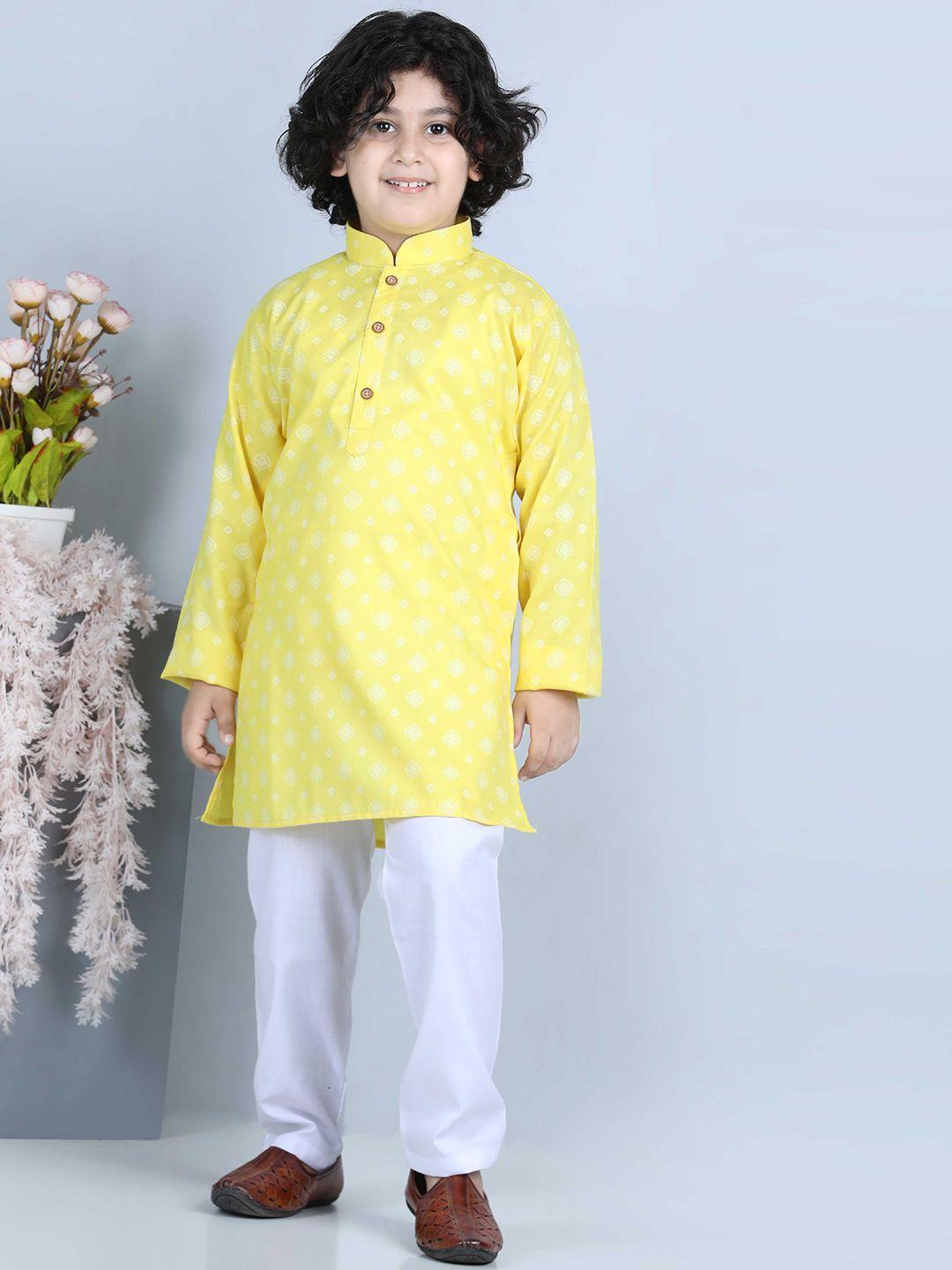 kidling boys yellow printed kurta with pyjamas