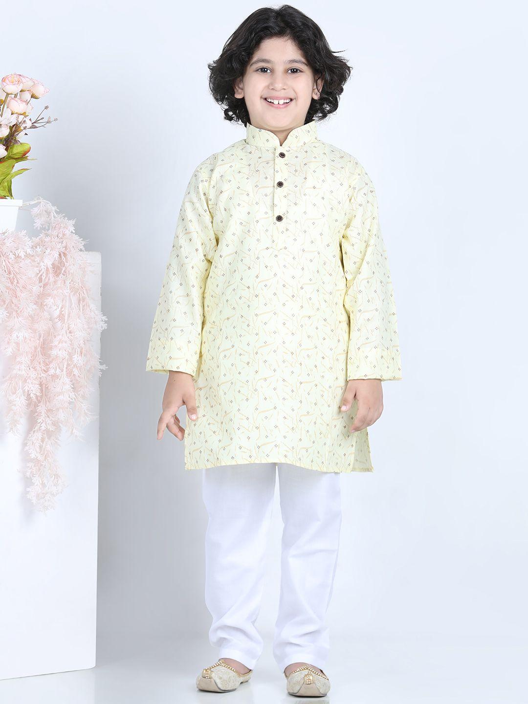kidling boys yellow printed pure cotton kurta with pyjamas