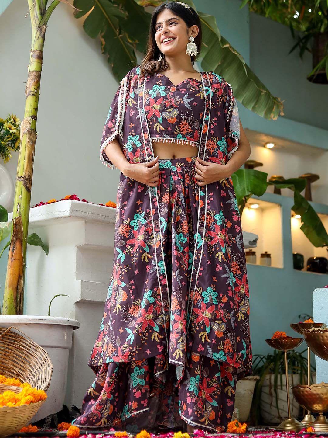 kidporium floral printed top with dhoti skirt & shrug