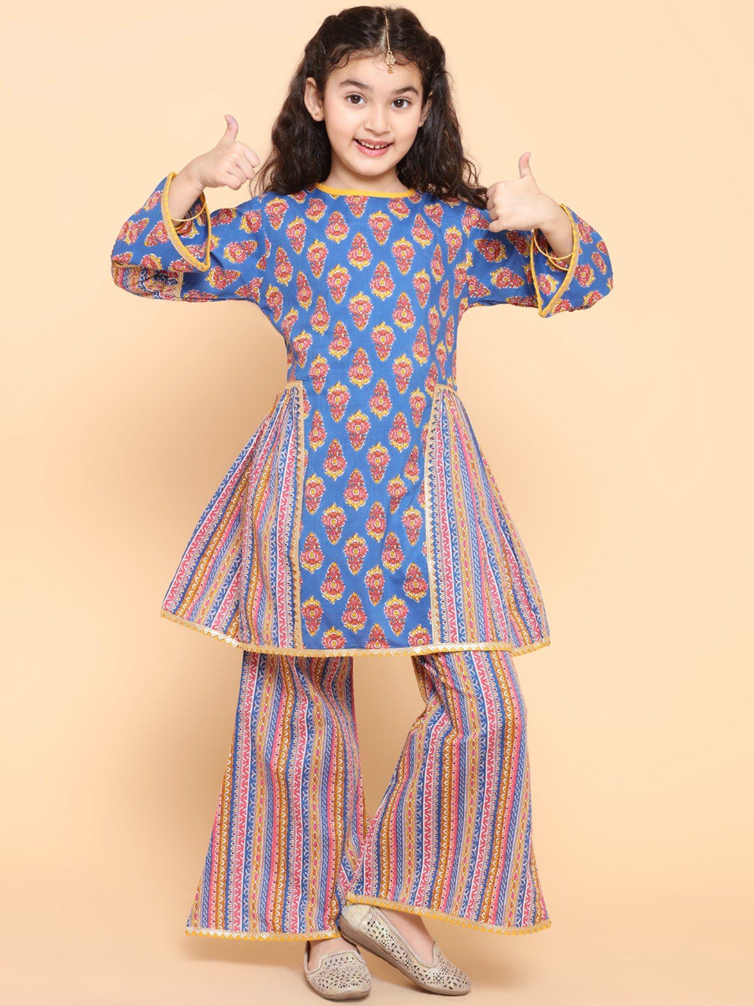 kids-blue-cotton-printed-bell-sleeves-kurta-sharara-for-girls-(set-of-2)