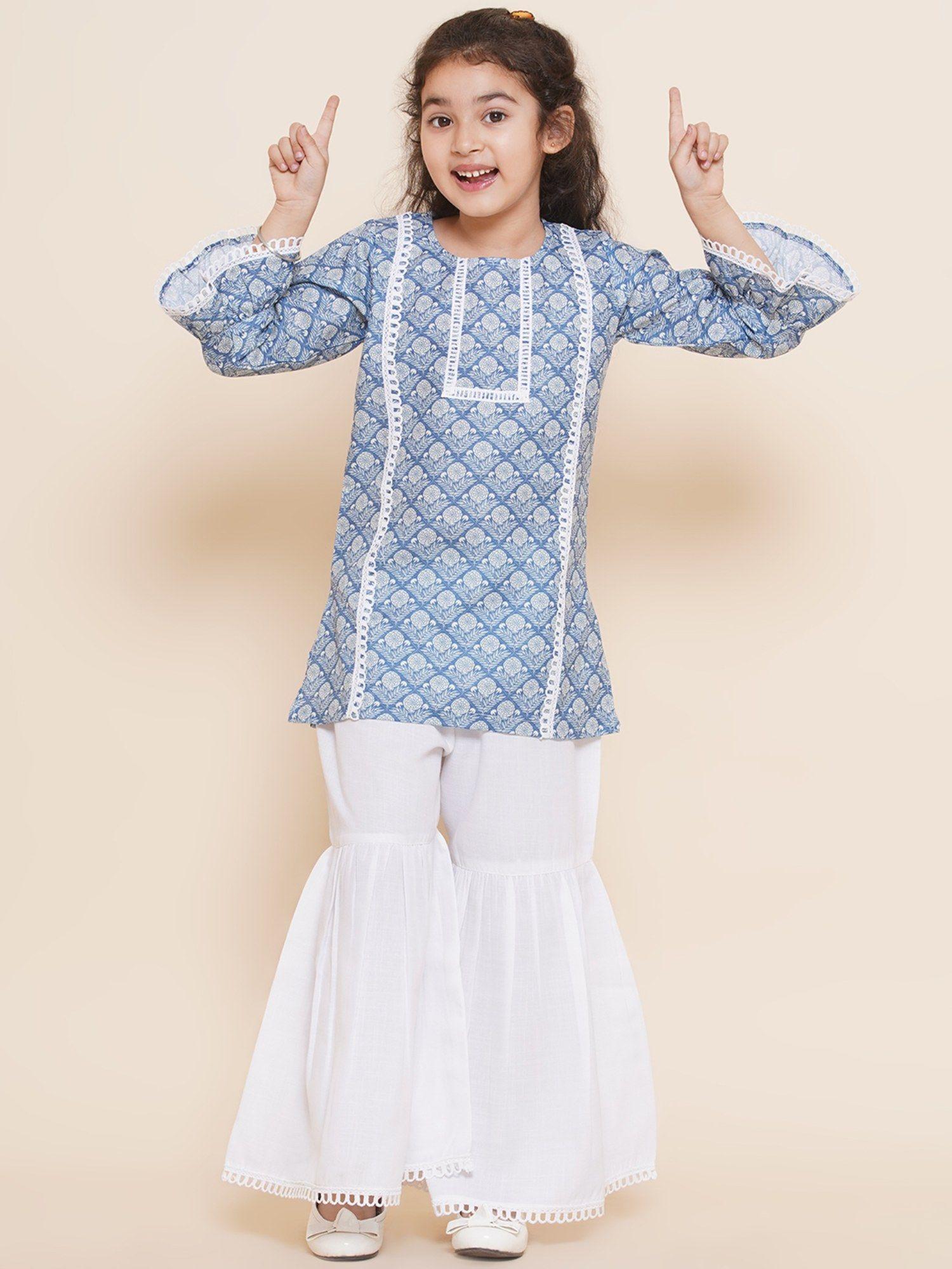 kids blue cotton printed bell sleeves kurta sharara for girls (set of 2)