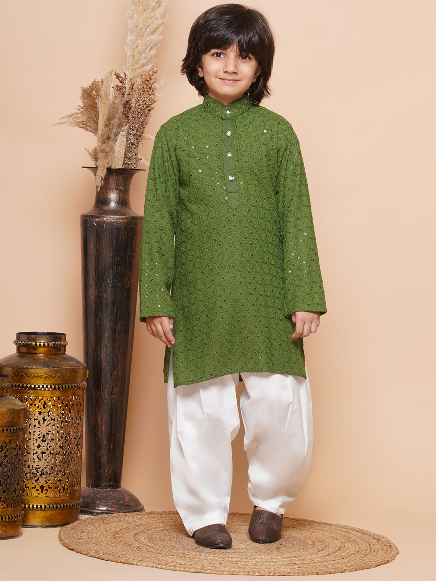 kids cotton embroidered sequined kurta for boys - green