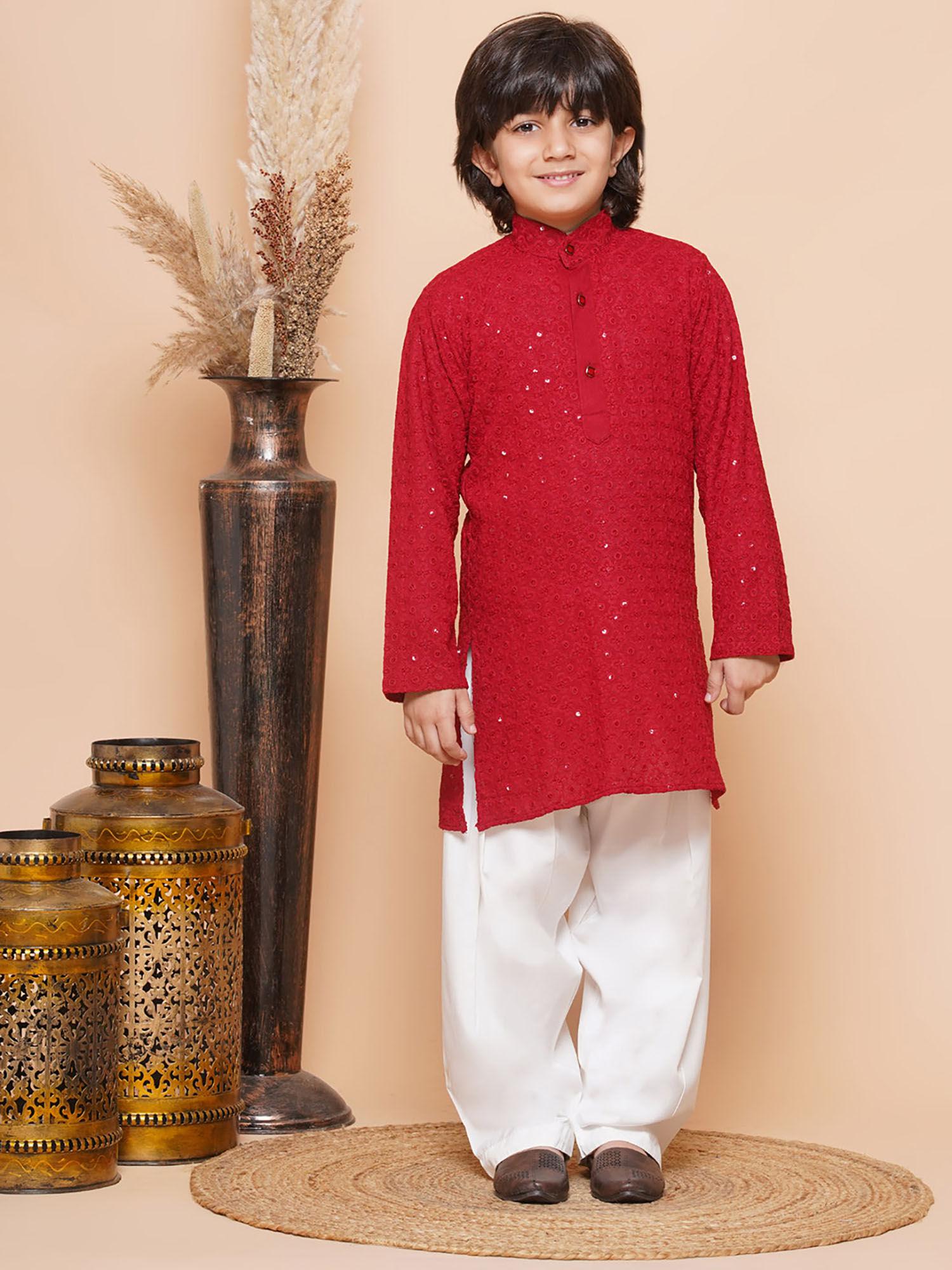 kids cotton embroidered sequined kurta for boys - red