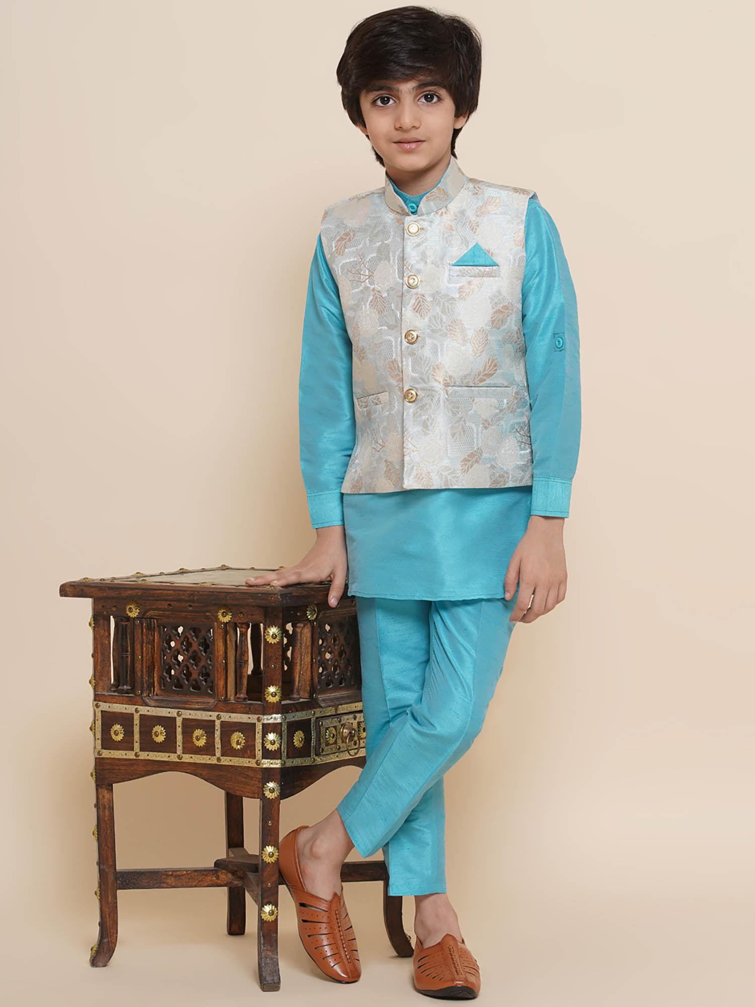 kids cotton silk 3pc kurta pant set for boys - firozi (set of 3)
