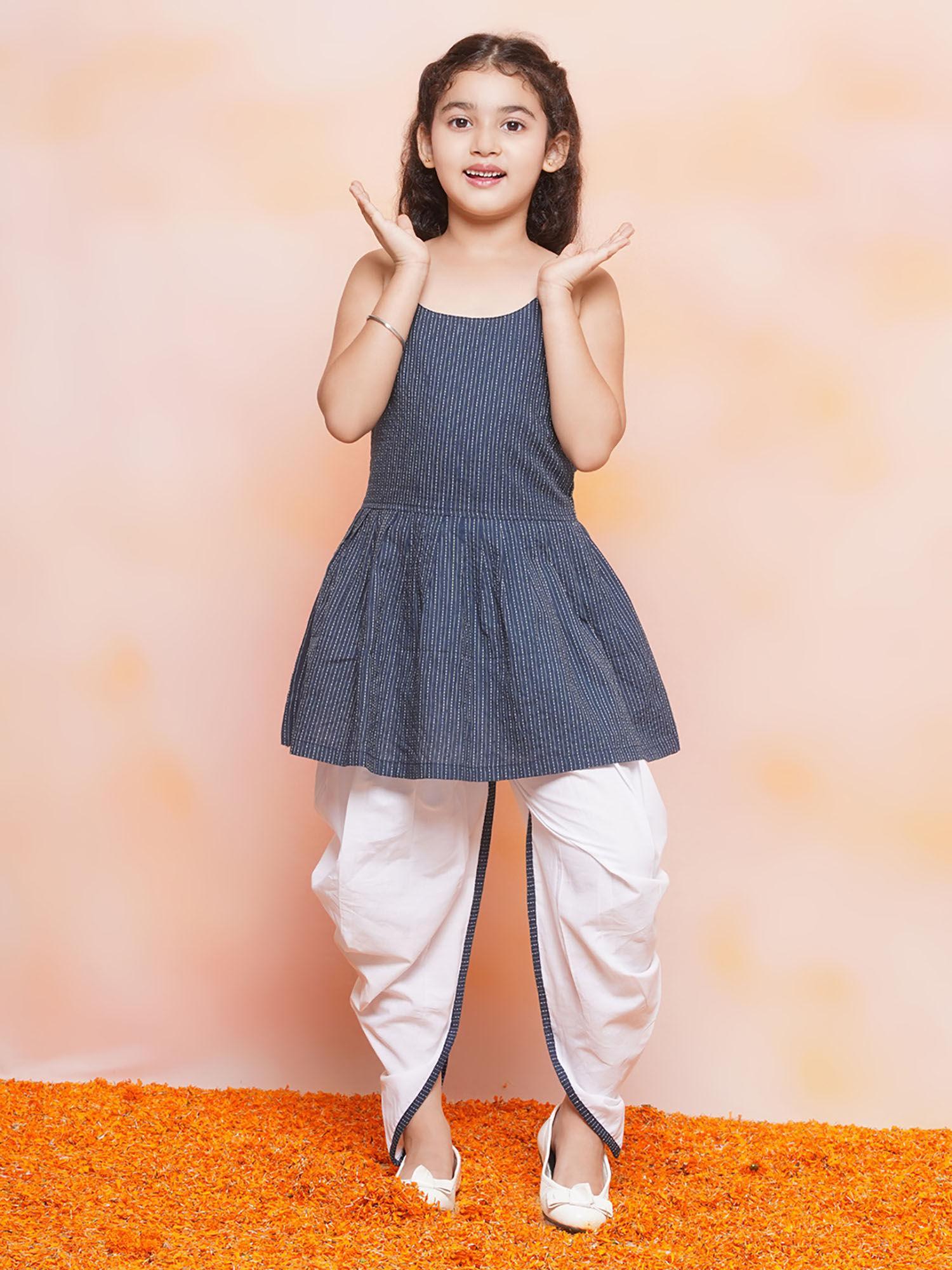 kids cotton stripe a-line blue kurta with dhoti for girls (set of 2)