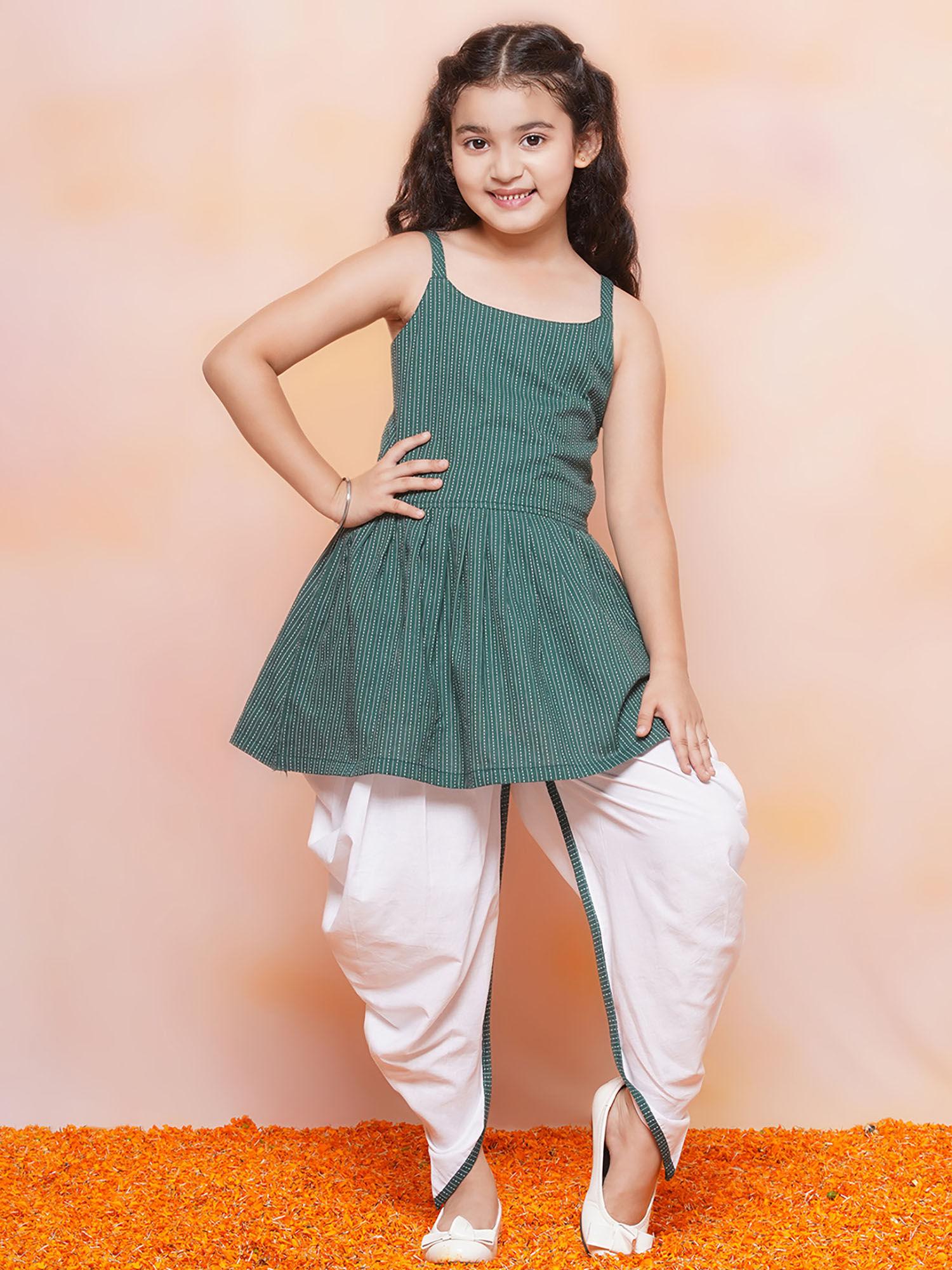 kids cotton stripe a-line green kurta with dhoti for girls (set of 2)