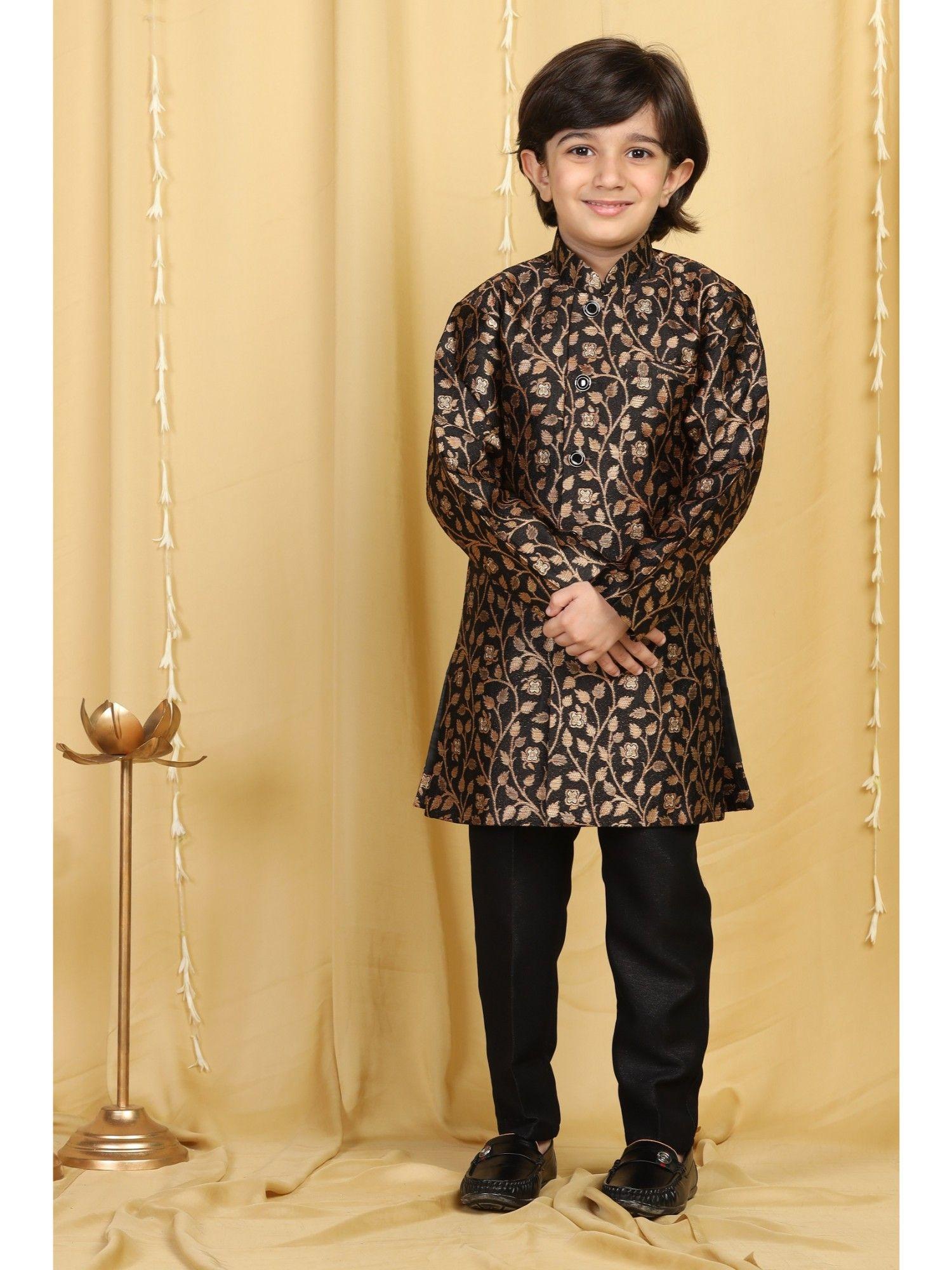 kids ethnic wear jaal sherwani pant for boys - black (set of 2)