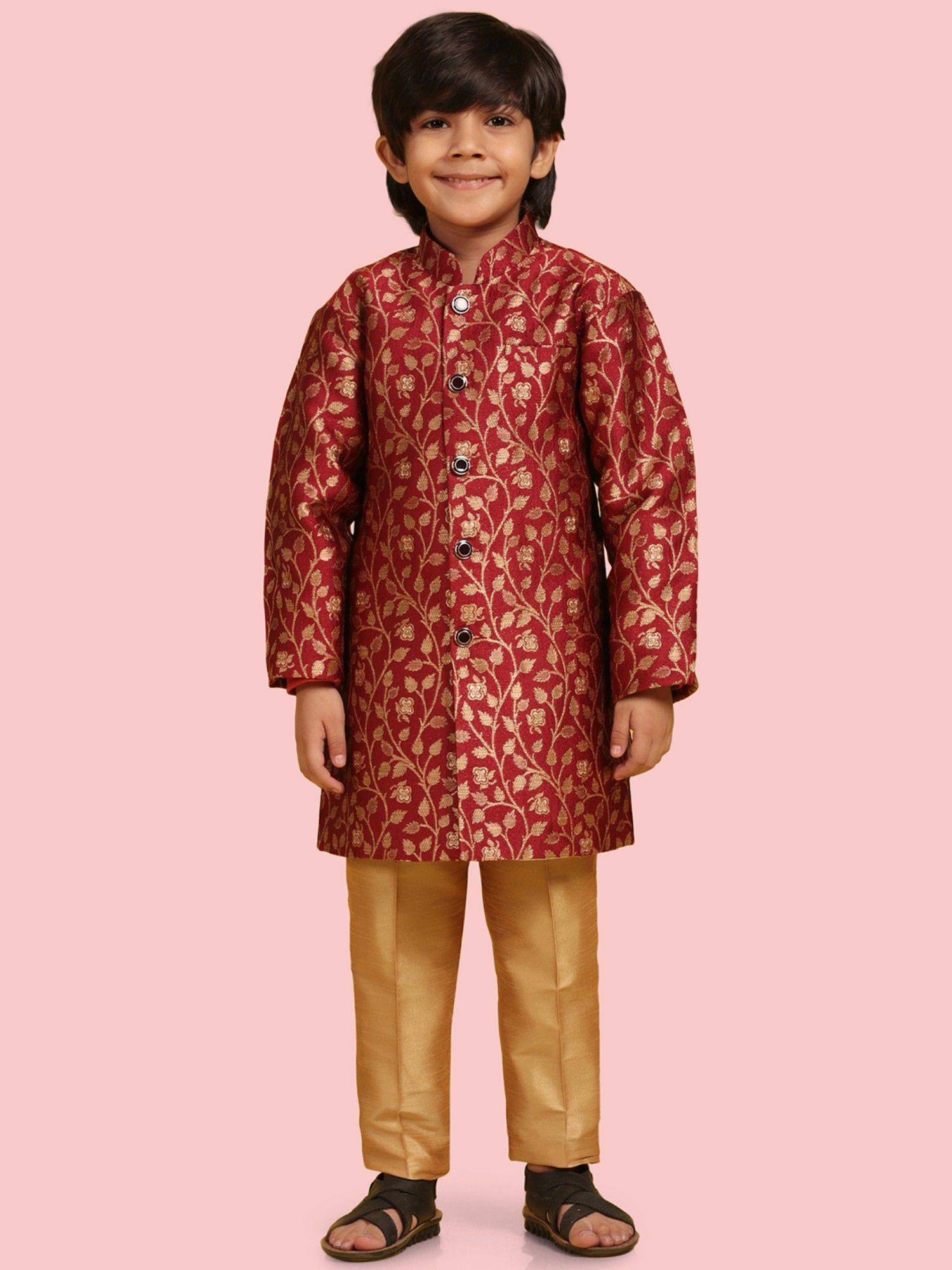 kids ethnic wear jacquard floral jaal sherwani pant for boys - red (set of 2)