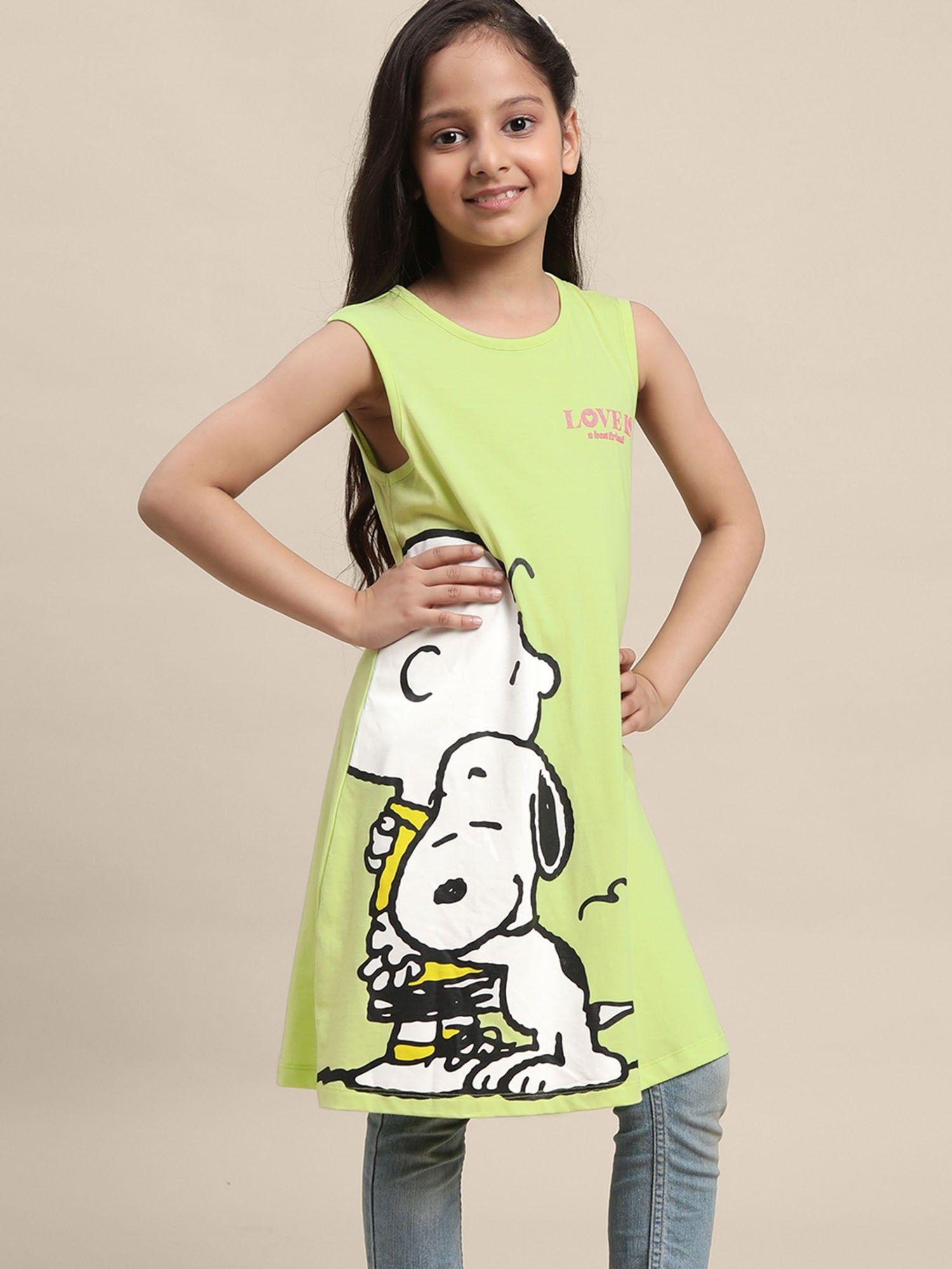 kids girls peanuts green printed dress