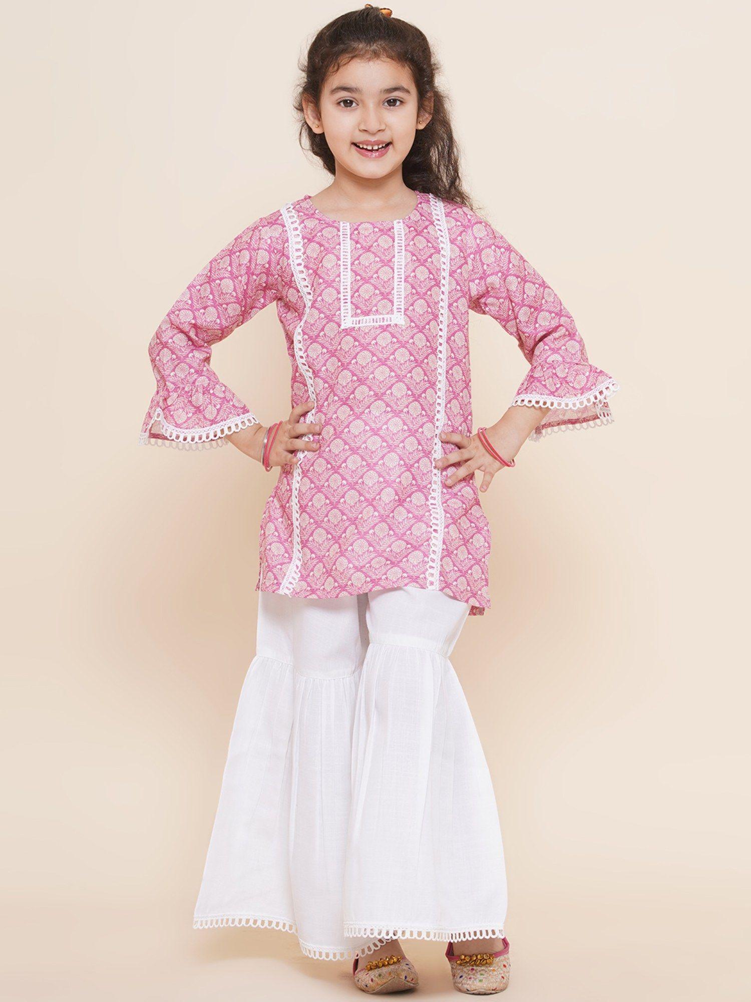 kids pink cotton printed bell sleeves kurta sharara for girls (set of 2)