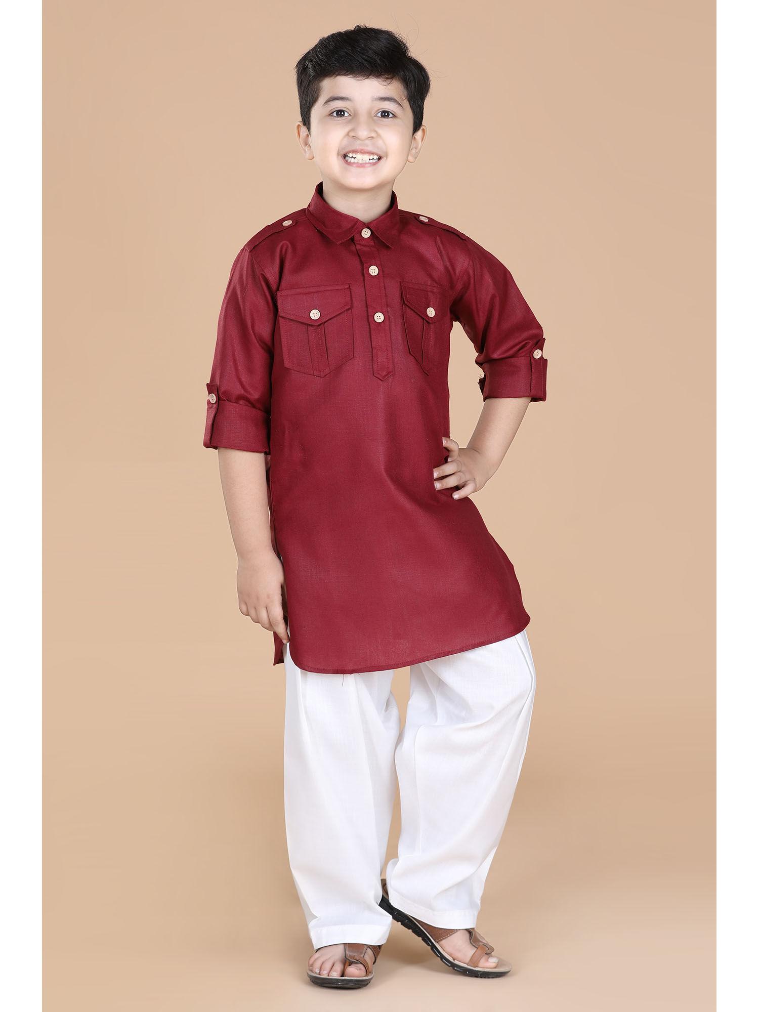 kids pure cotton pathani kurta for boys - maroon