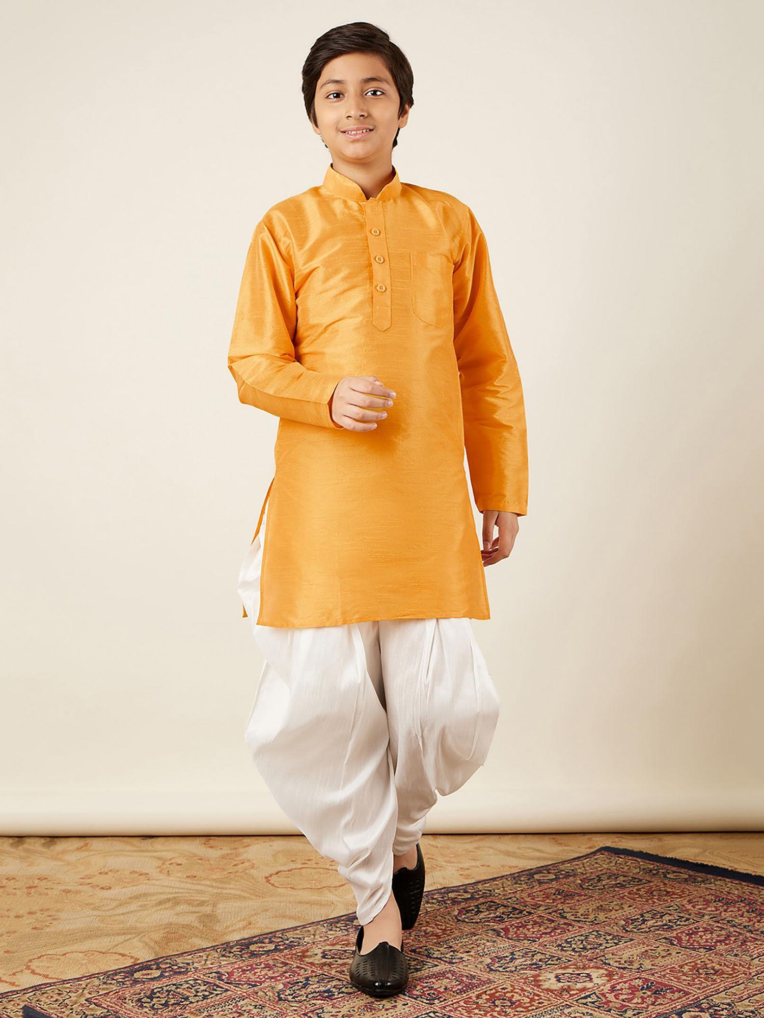 kids silk blend solid plain kurta for boys - yellow