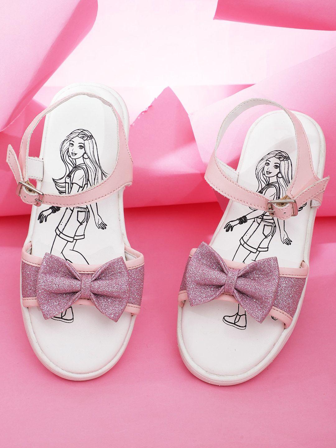 kids ville girls barbie printed bow embellished open toe flats