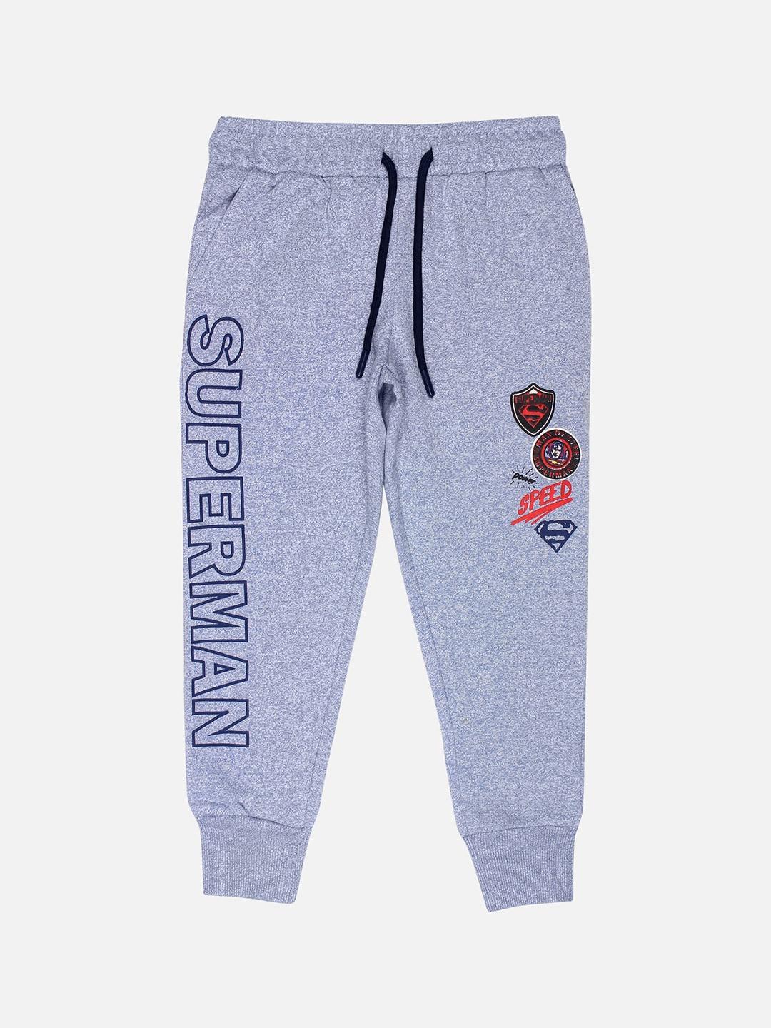kids ville superman featured boys blue & grey printed pure cotton joggers