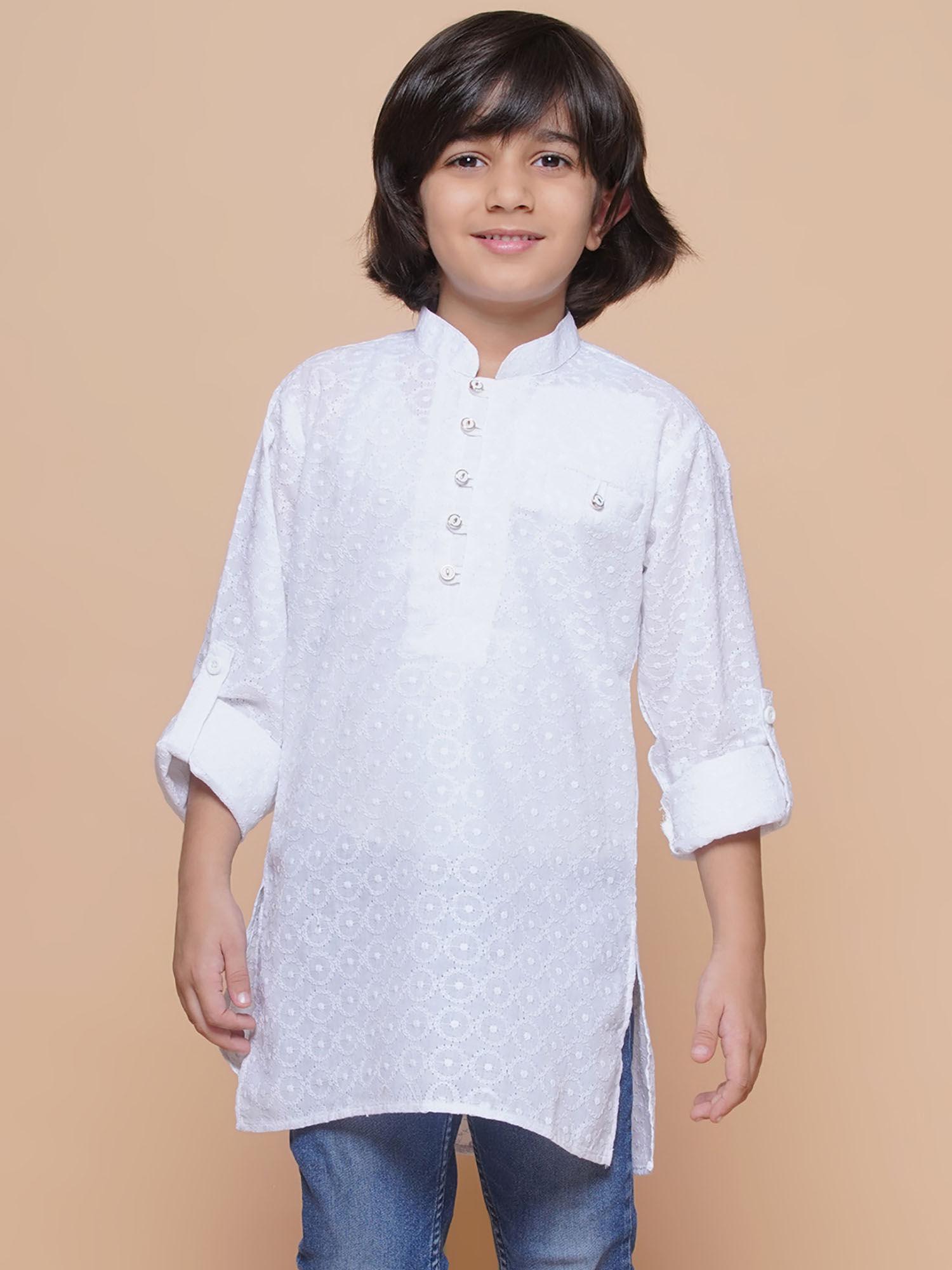 kids white cotton blend embroidered kurta for boys