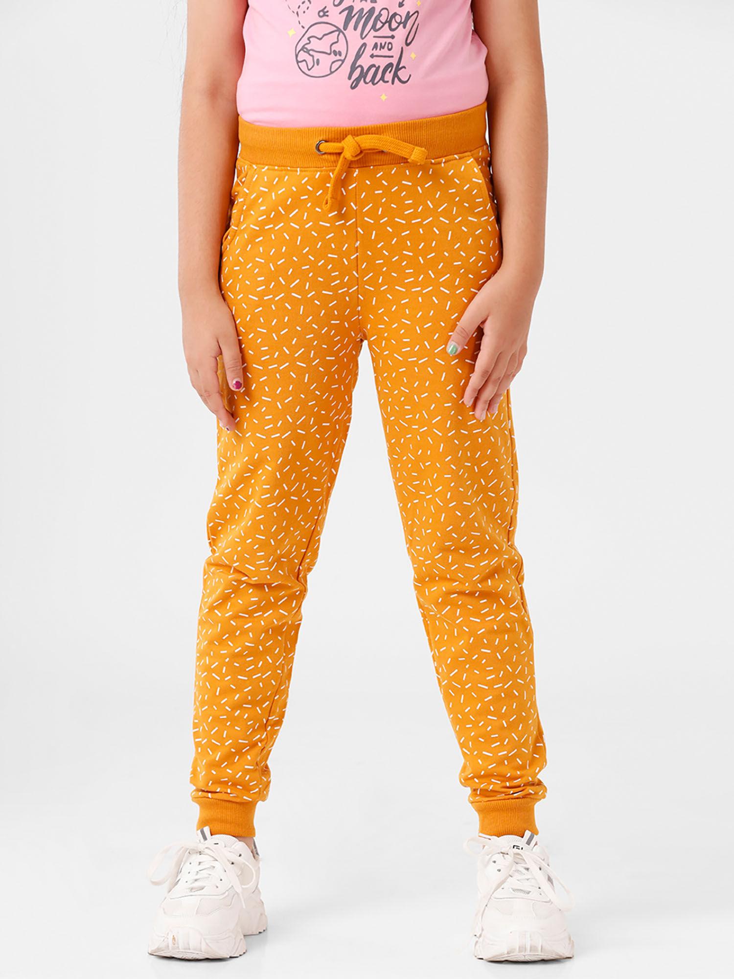 kids - girls jogger knit bottom all over print cotton dark mustard