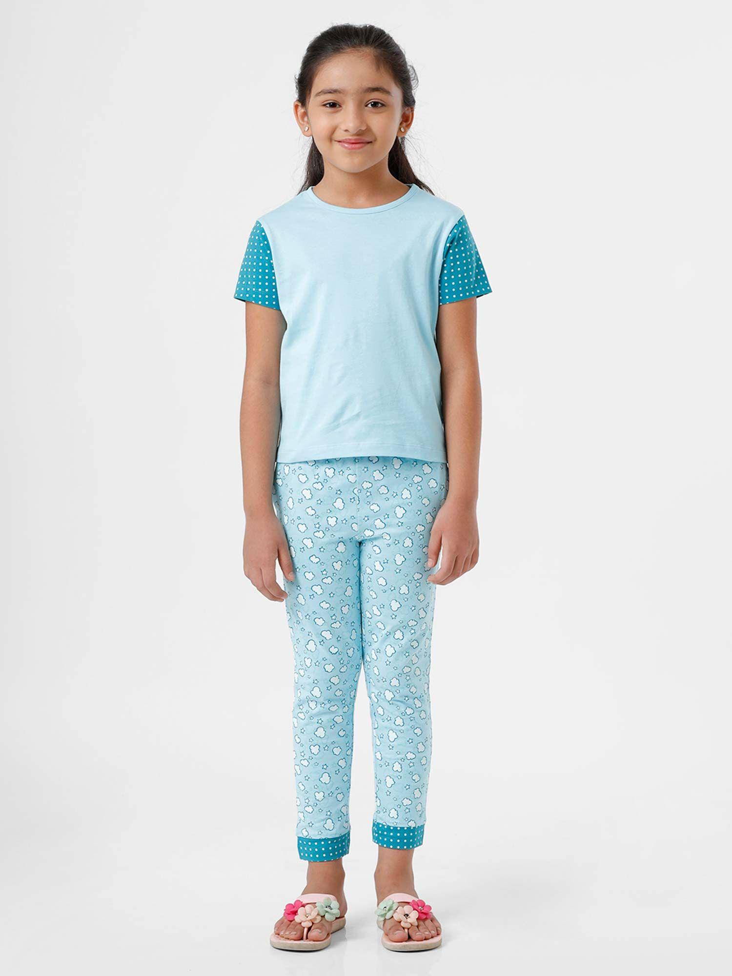 kids - girls pyajama set knit bottom tropical breeze blue (set of 2)
