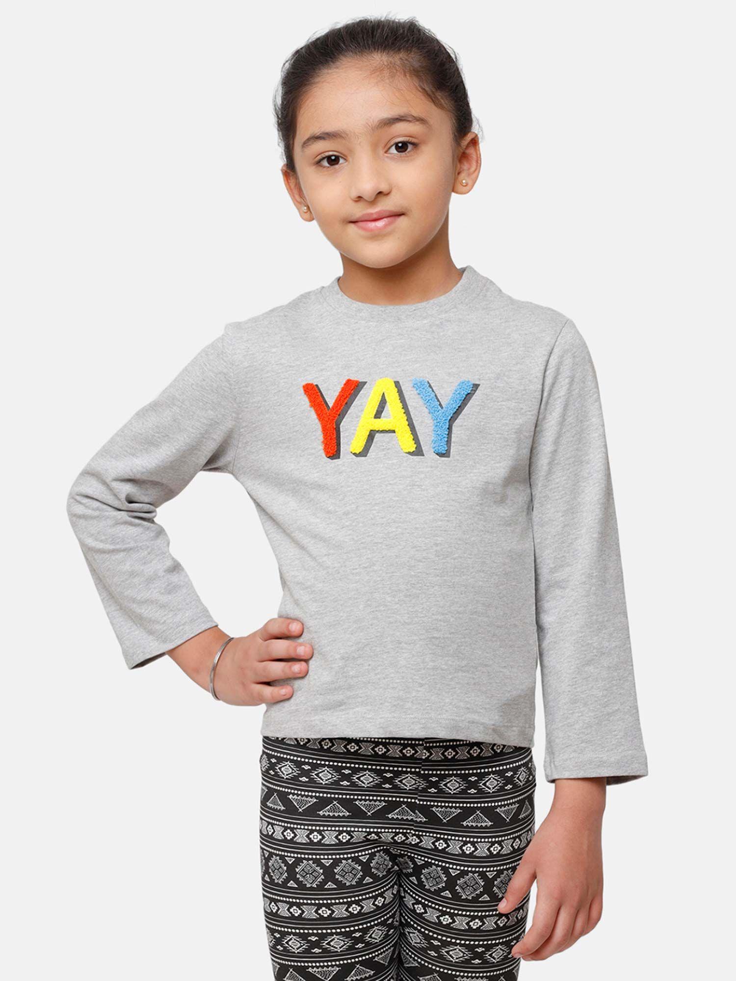 kids - girls top knit top all over print cotton grey melange