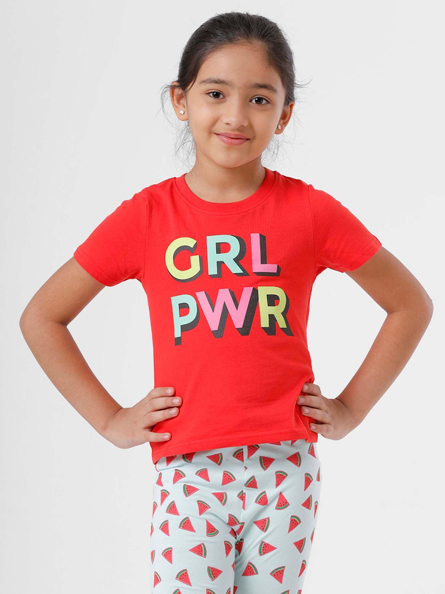 kids - girls top knit top placement print cotton fiery red
