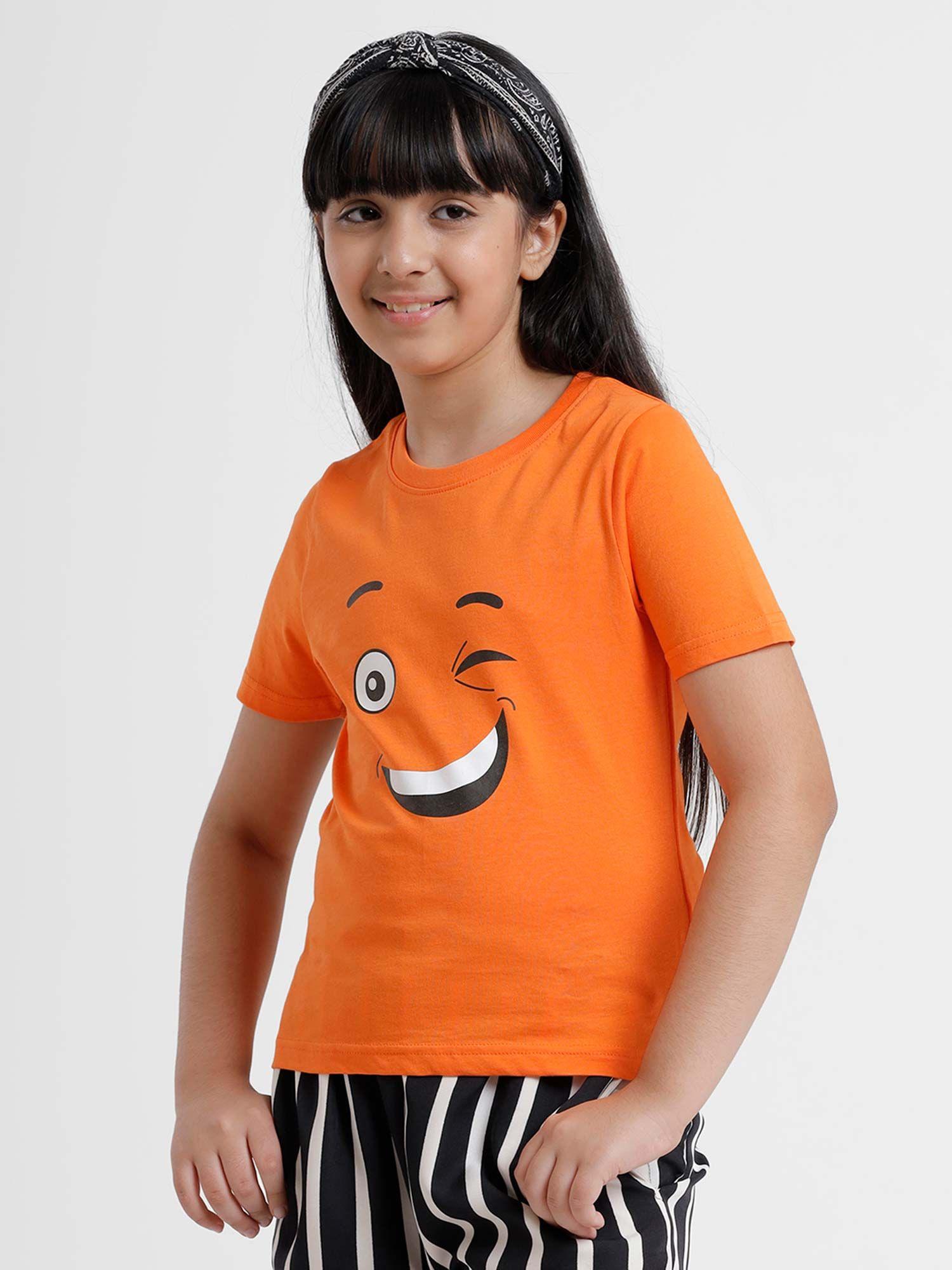 kids - girls top knit top placement print cotton persimmon orange