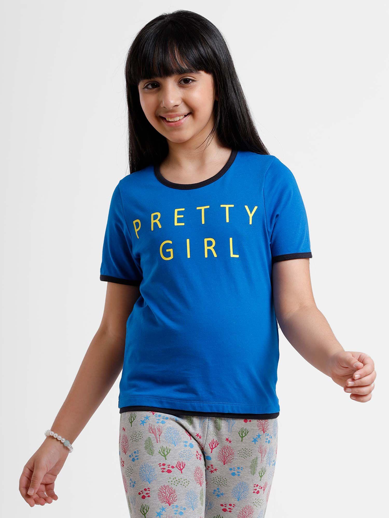 kids - girls top knit top placement print cotton snorkel blue