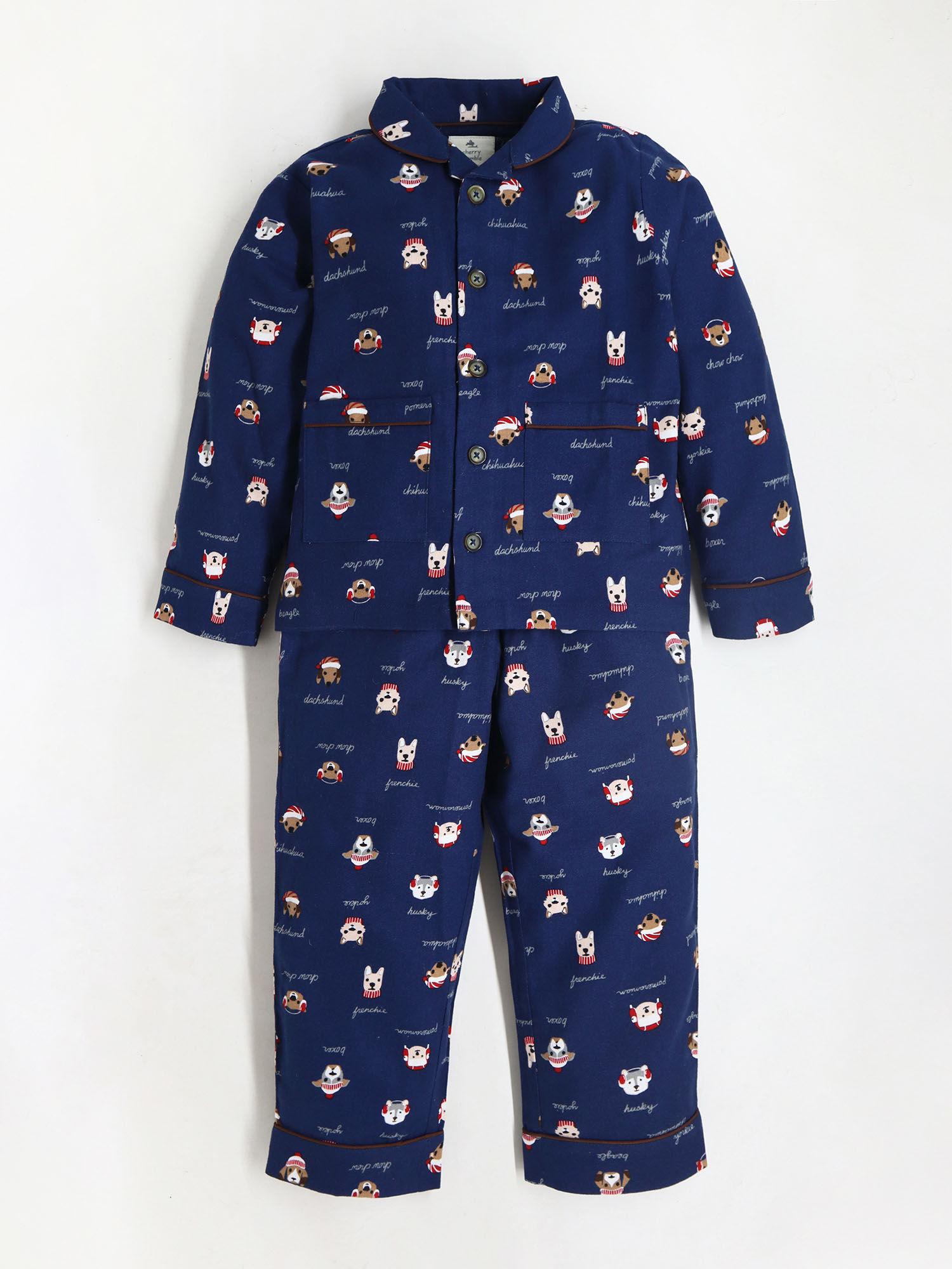 kids animal print navy blue cotton night suit (set of 2)