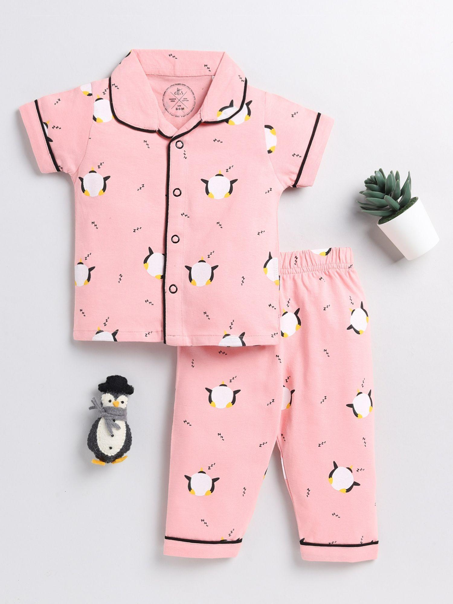 kids animal print pink cotton half sleeve night suit (set of 2)