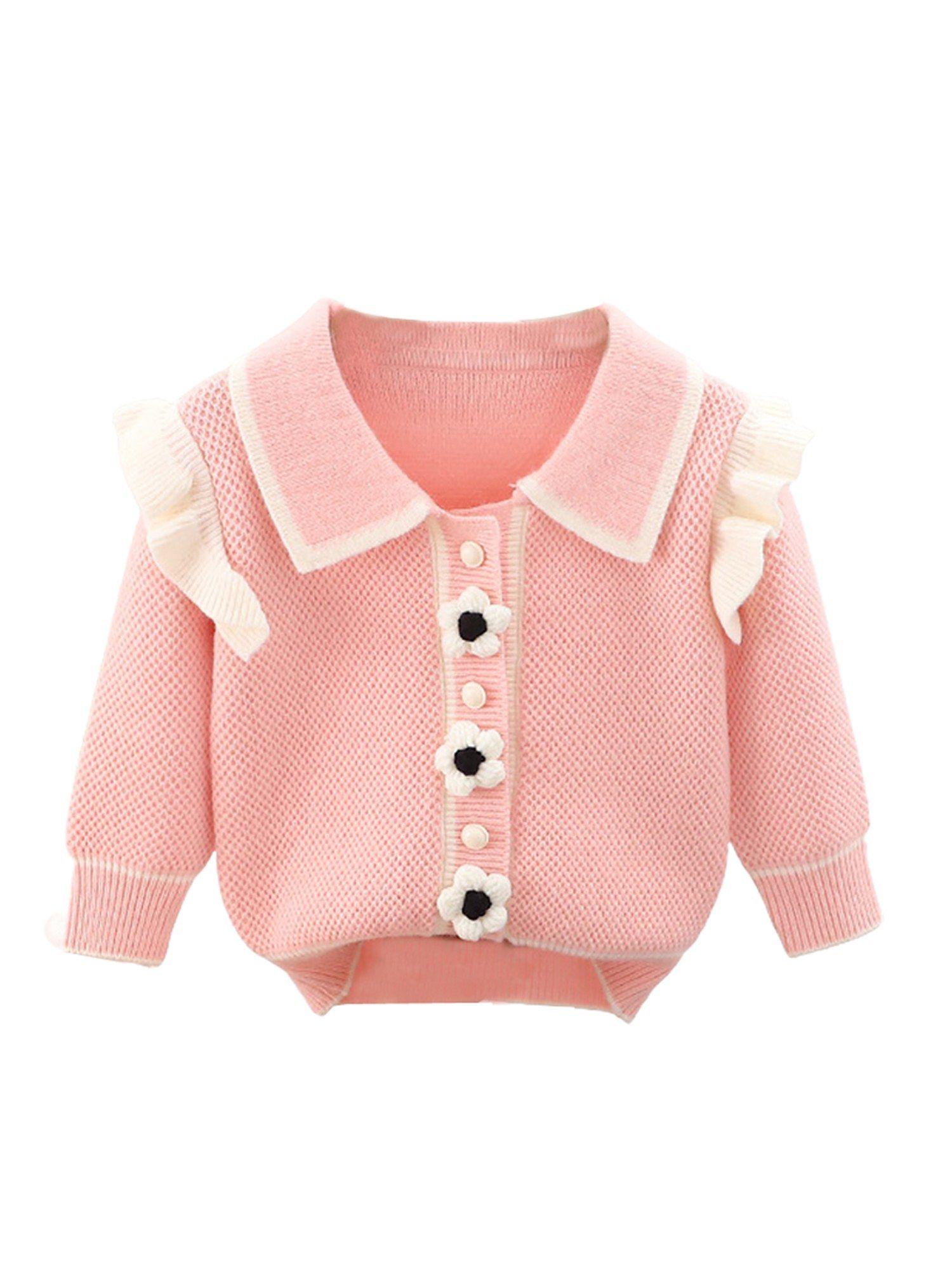 kids baby pink knitted cardigan v neck sweater with flower buttons