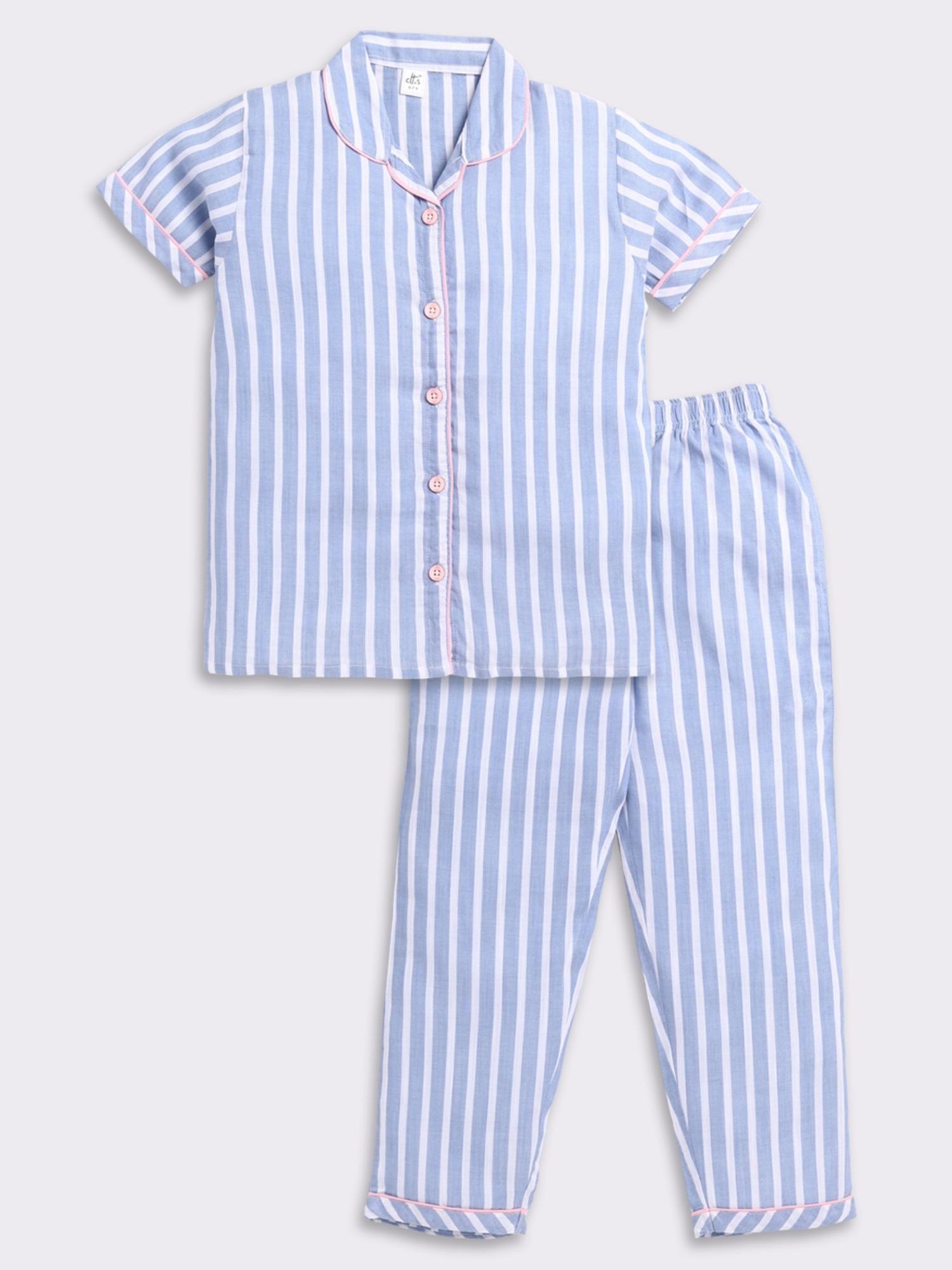 kids blue striped shirt & pyjama (set of 2)
