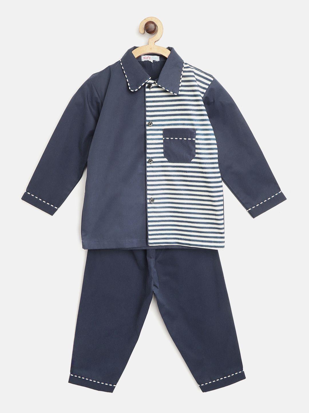 kids clan kids navy blue & cream-coloured striped night suit with colourblocked detail