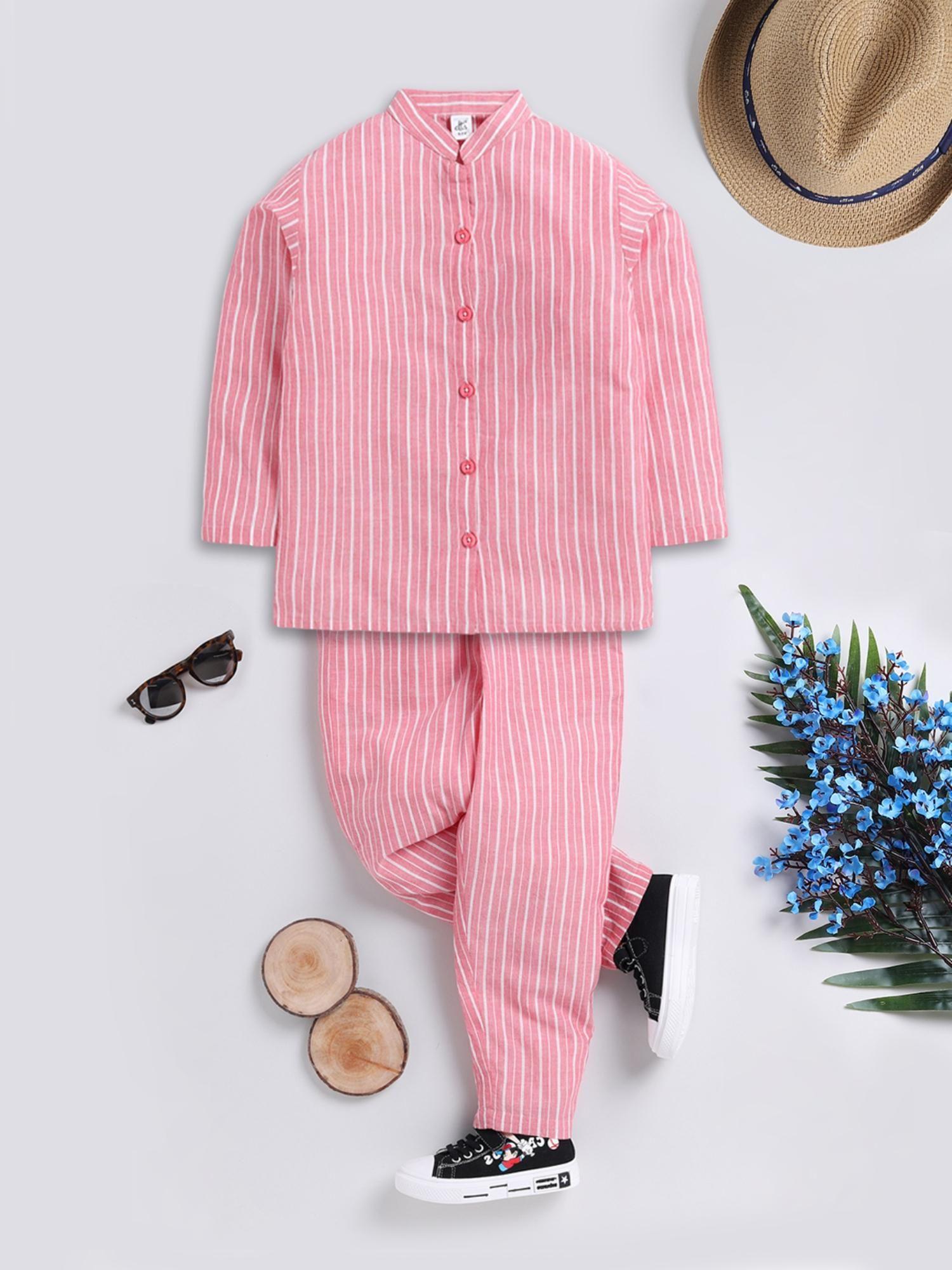 kids coral striped shirt & pyjama (set of 2)