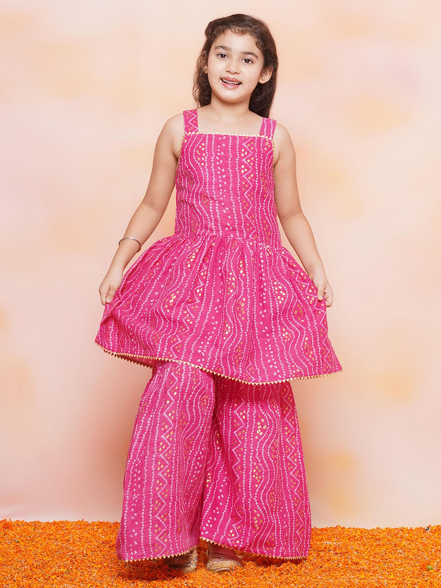 kids cotton bandhani a-line pink kurta with sharara for girls (set of 2)