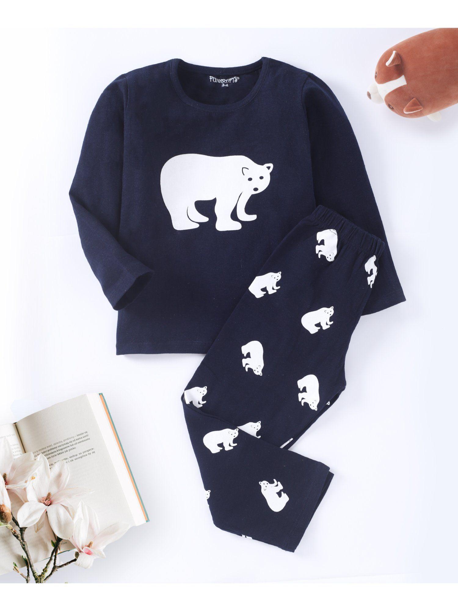 kids cotton full sleeves bear printed t-shirt & pyjama - navy blue (set of 2)