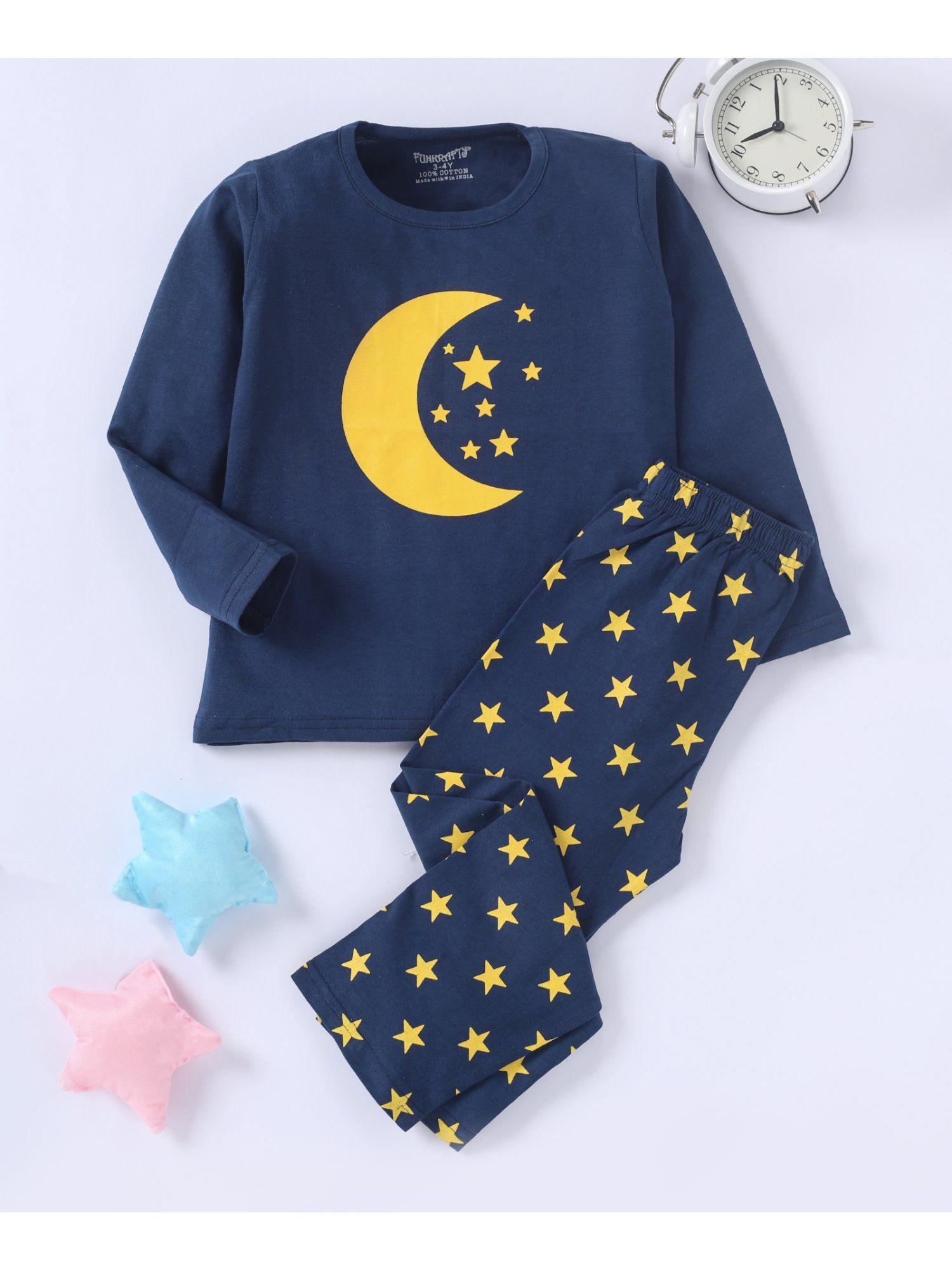 kids cotton full sleeves moon printed t-shirt & pyjama - navy blue (set of 2)