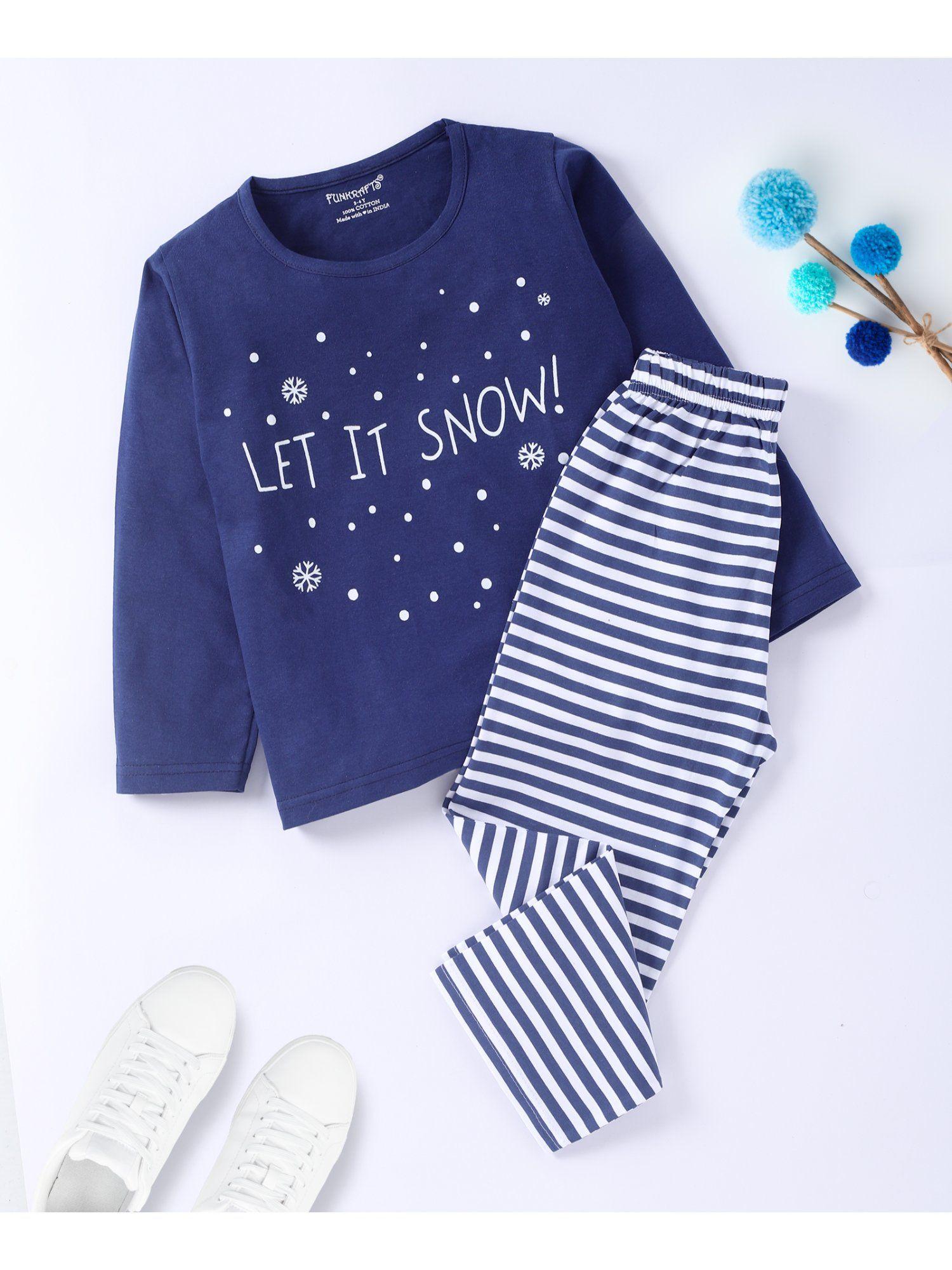 kids cotton full sleeves printed t-shirt & pyjama - navy blue (set of 2)