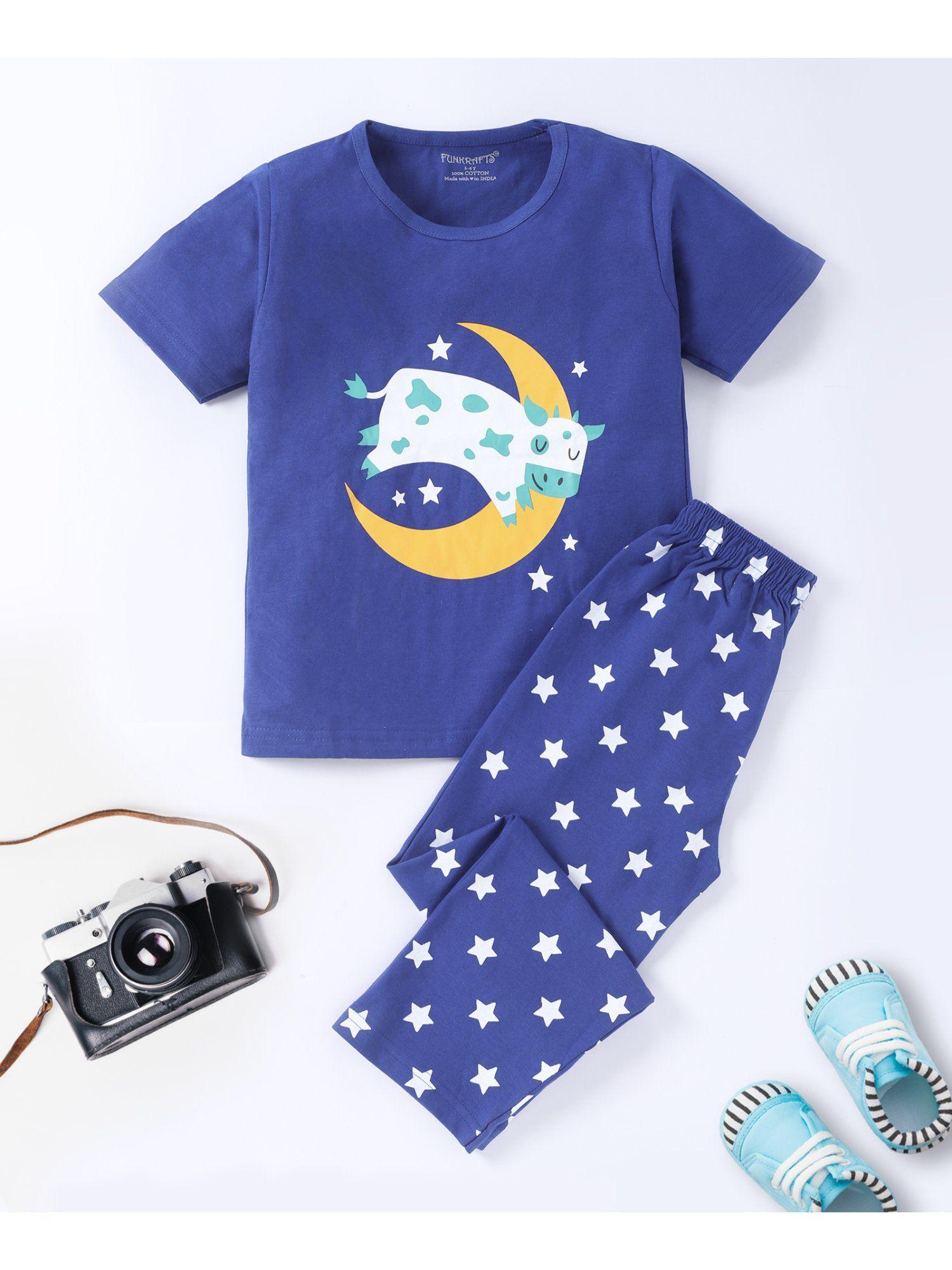 kids cotton half sleeves printed t-shirt & pyjama - blue (set of 2)