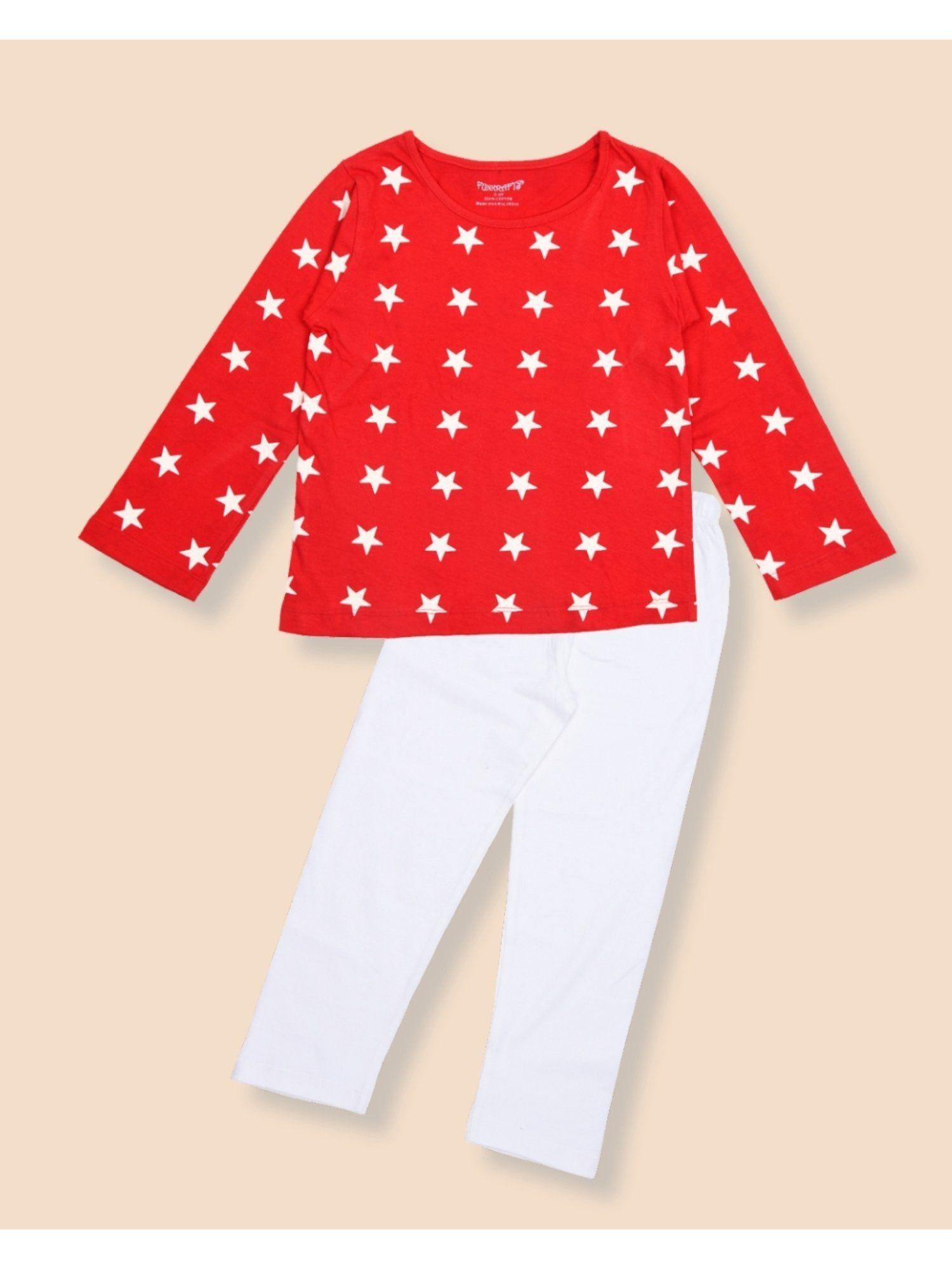 kids cotton star printed t-shirt & pyjama - red & white (set of 2)