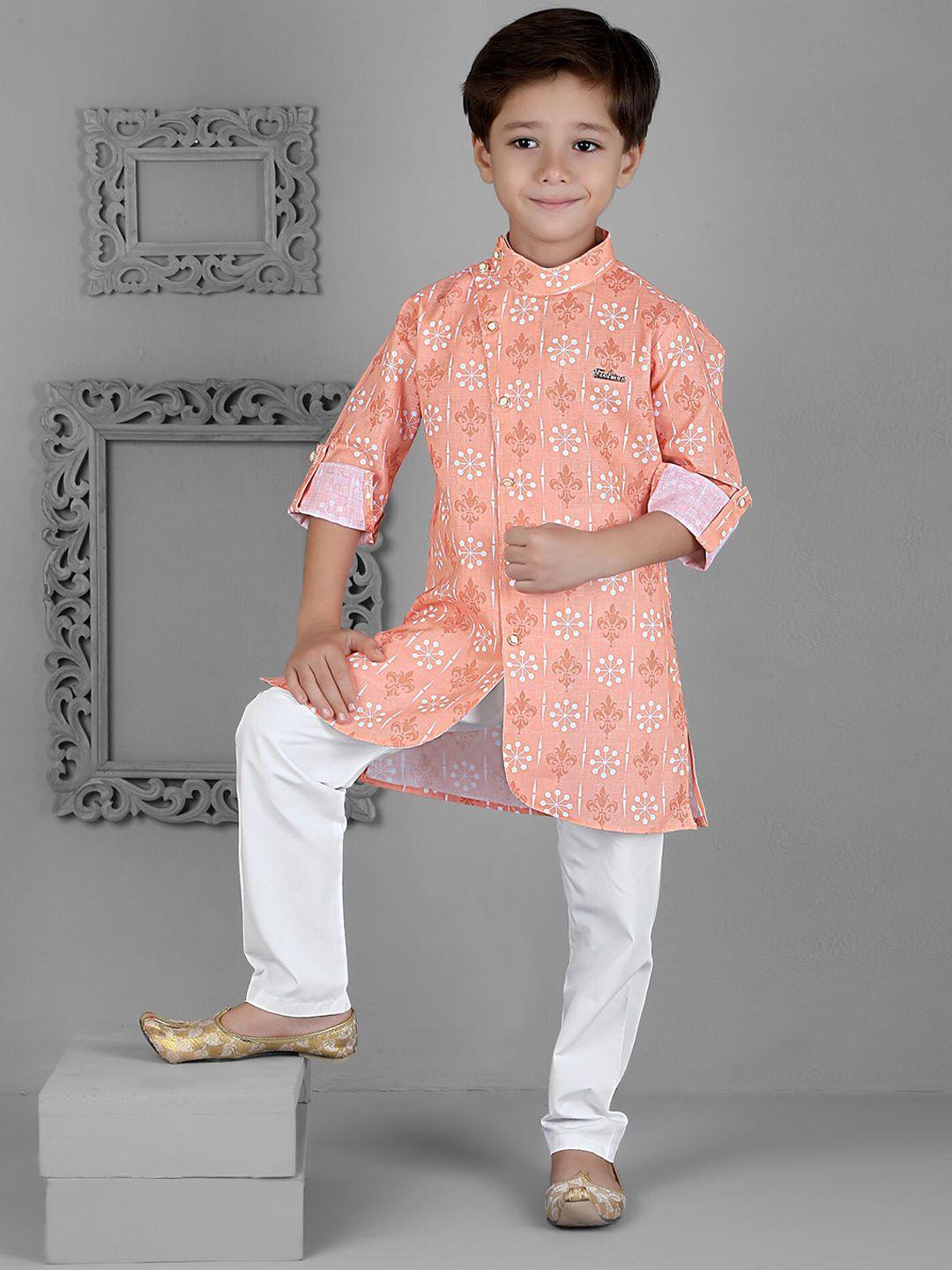 kids farm boys ethnic motifs printed mandarin collar kurta with pyjamas